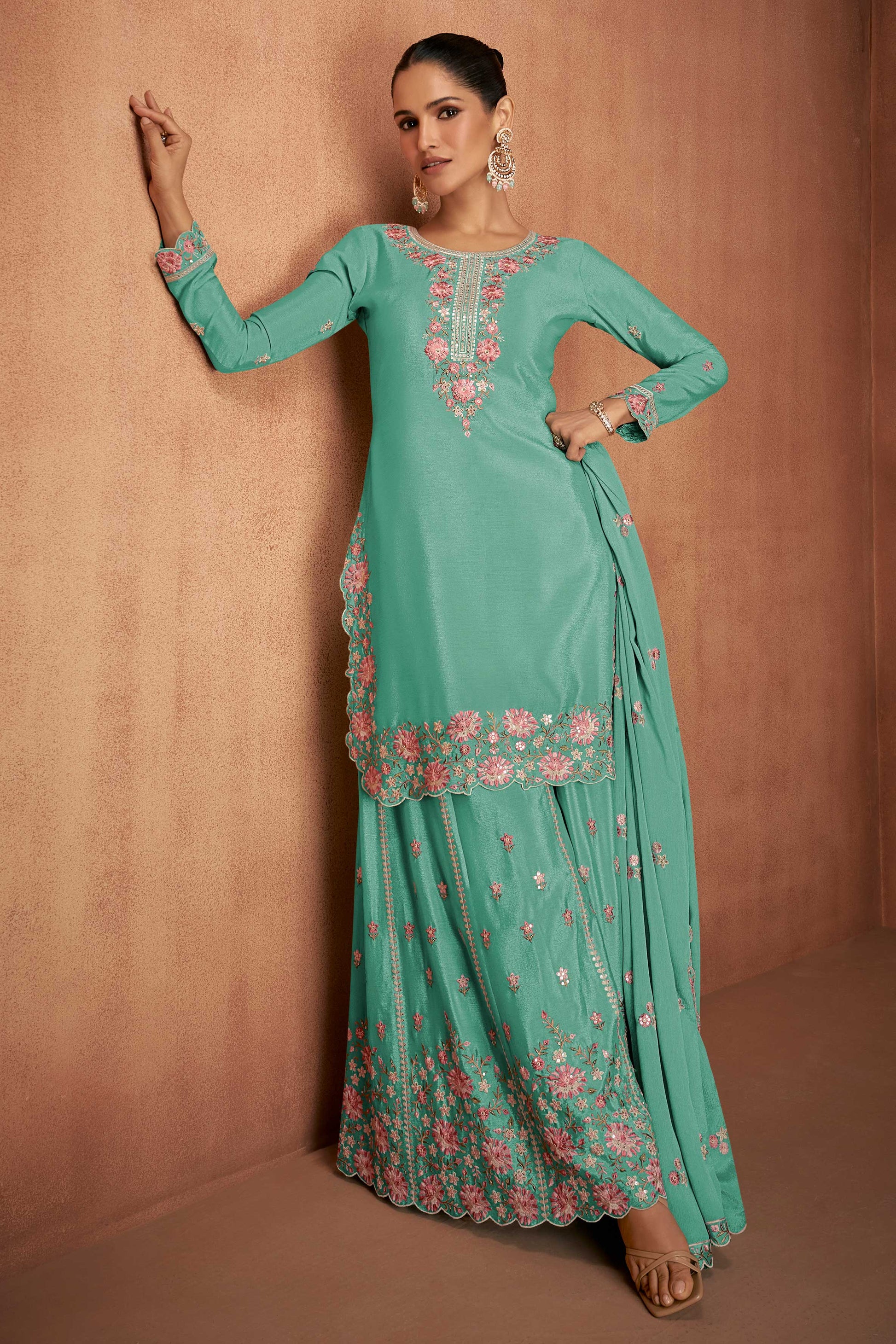 Blue Readymade Embroidered Chinon Suit-SS519_1_SareeButa.com
