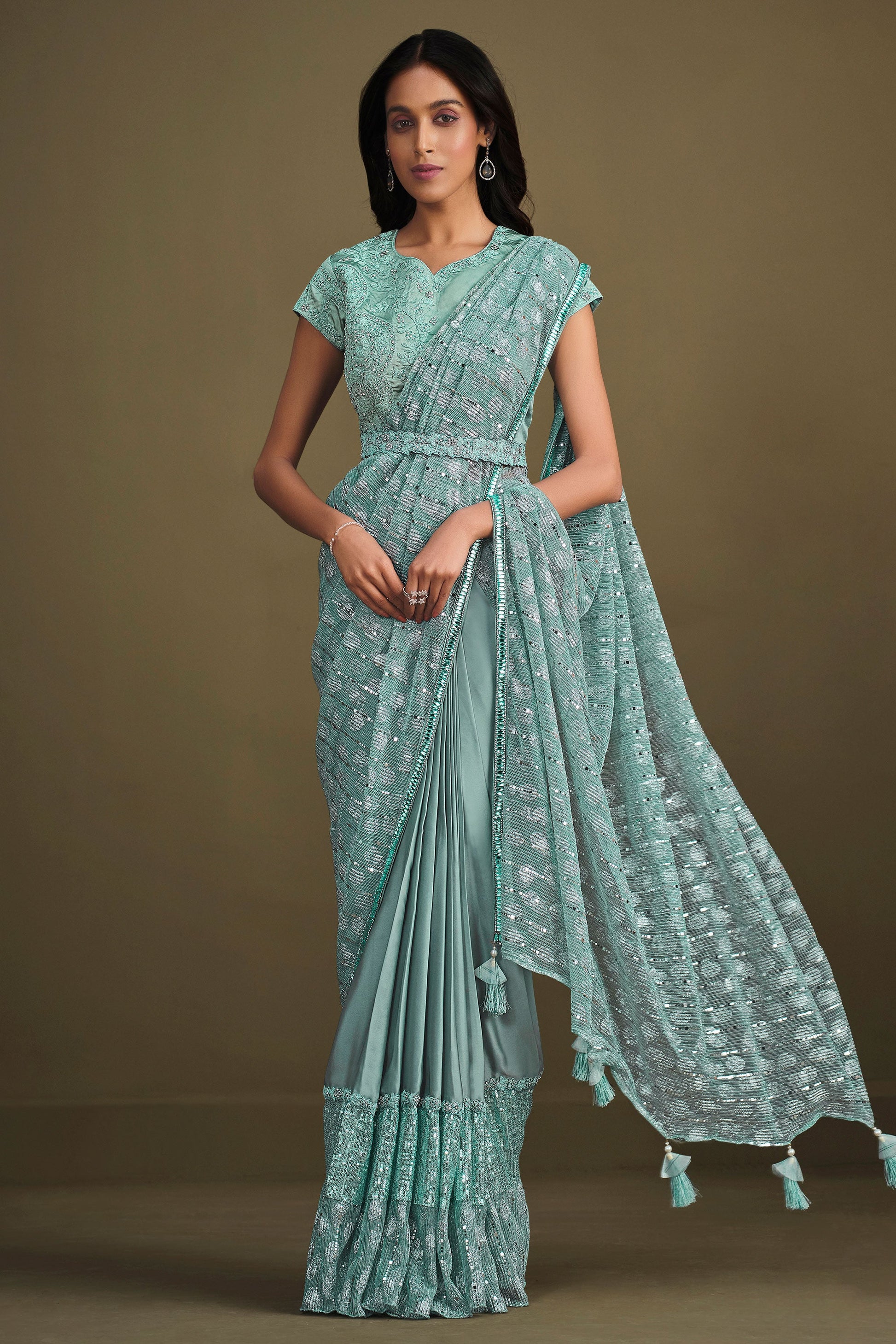 Blue Sequined Crepe Silk Readymade Saree-ZB133907_1_SareeButa.com