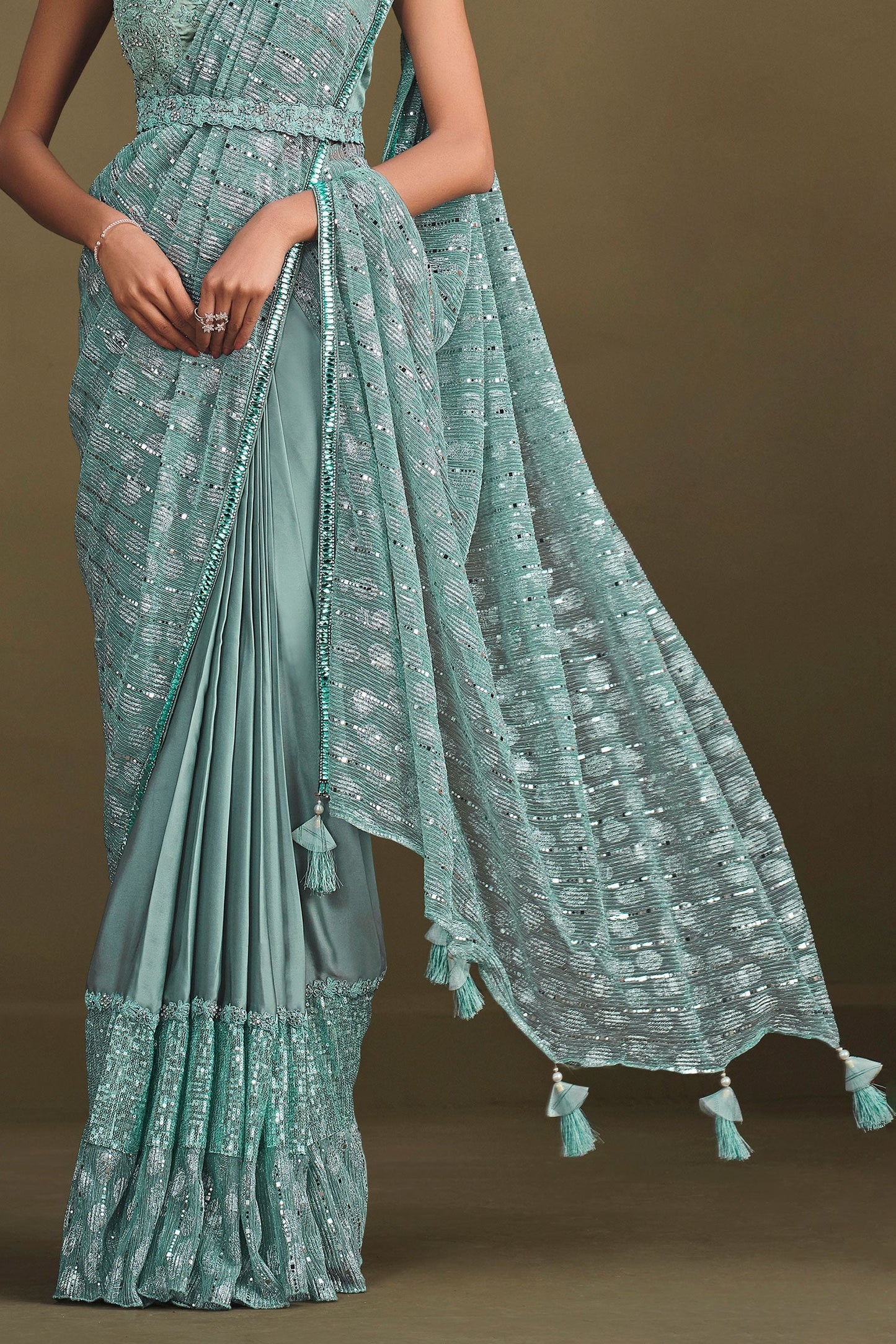Blue Sequined Crepe Silk Readymade Saree-ZB133907_3_SareeButa.com