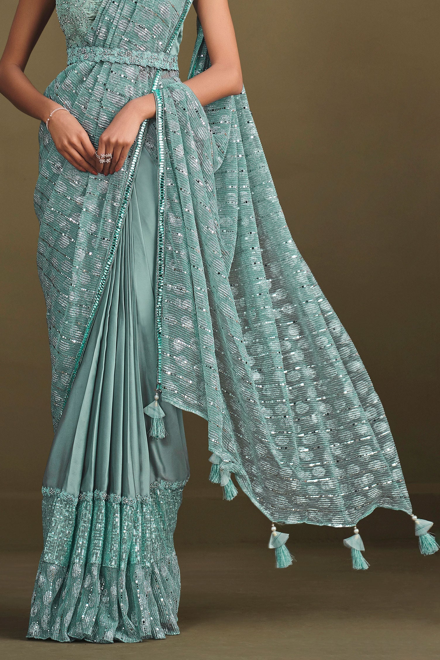 Blue Sequined Crepe Silk Readymade Saree-ZB133907_3_SareeButa.com