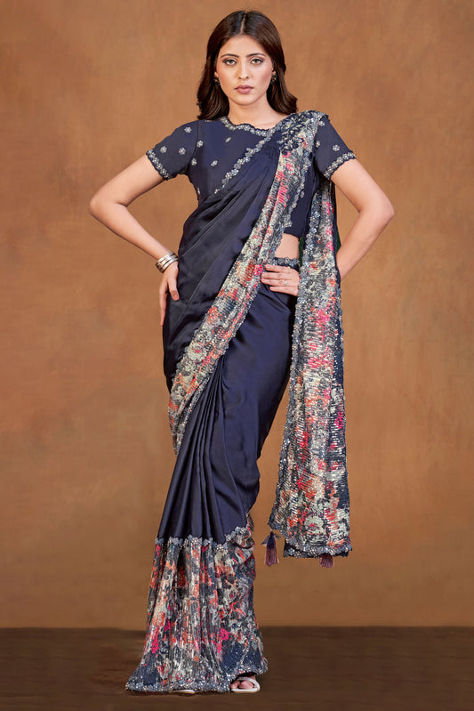 Blue Sequined Satin Crepe Readymade Saree-ZB133918_1_SareeButa.com