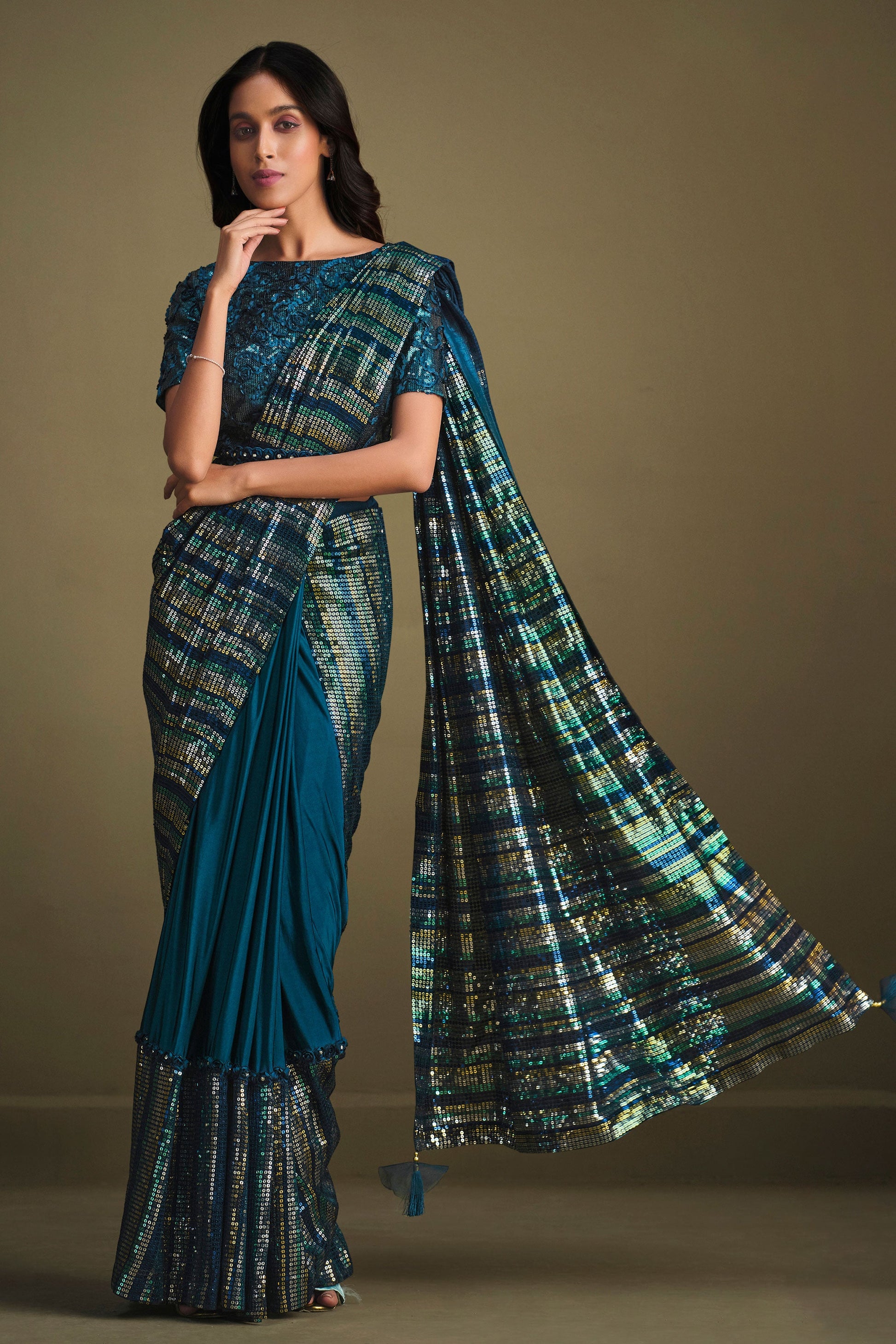 Blue Sequined Silk Readymade Saree-ZB133905_1_SareeButa.com