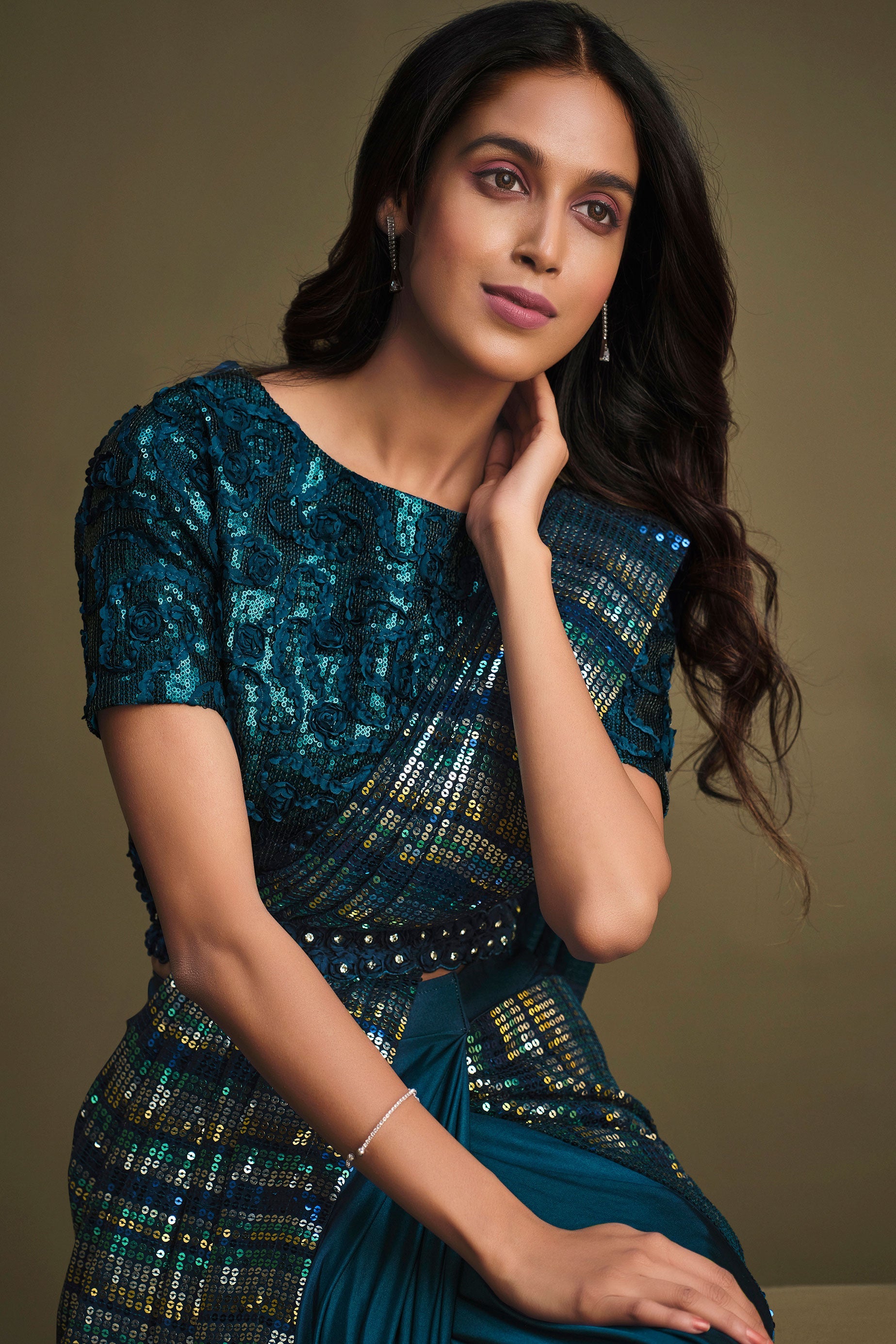 Blue Sequined Silk Readymade Saree-ZB133905_2_SareeButa.com