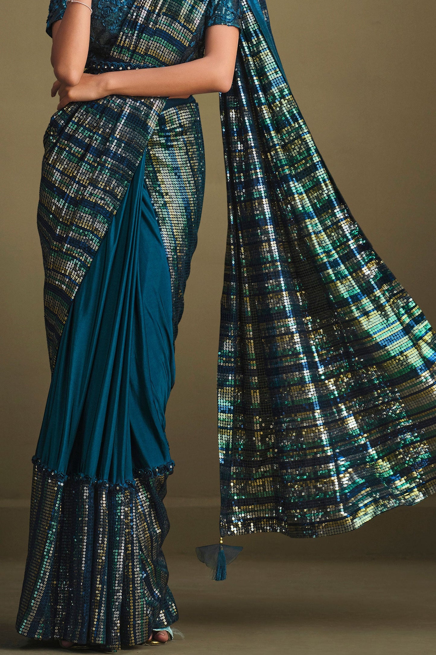 Blue Sequined Silk Readymade Saree-ZB133905_3_SareeButa.com