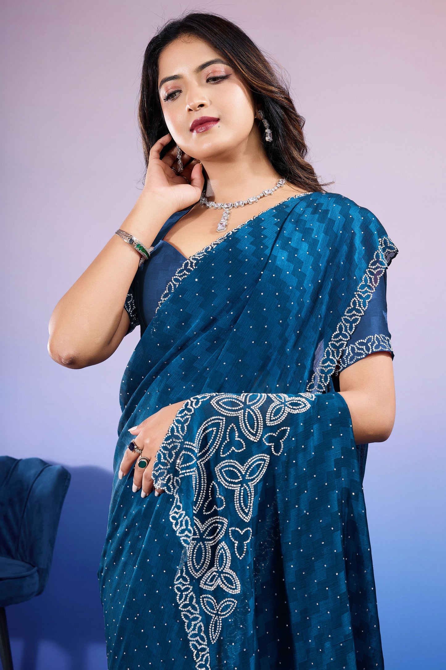 Blue Stone Work Chiffon Saree-ZB133339_2_SareeButa.com