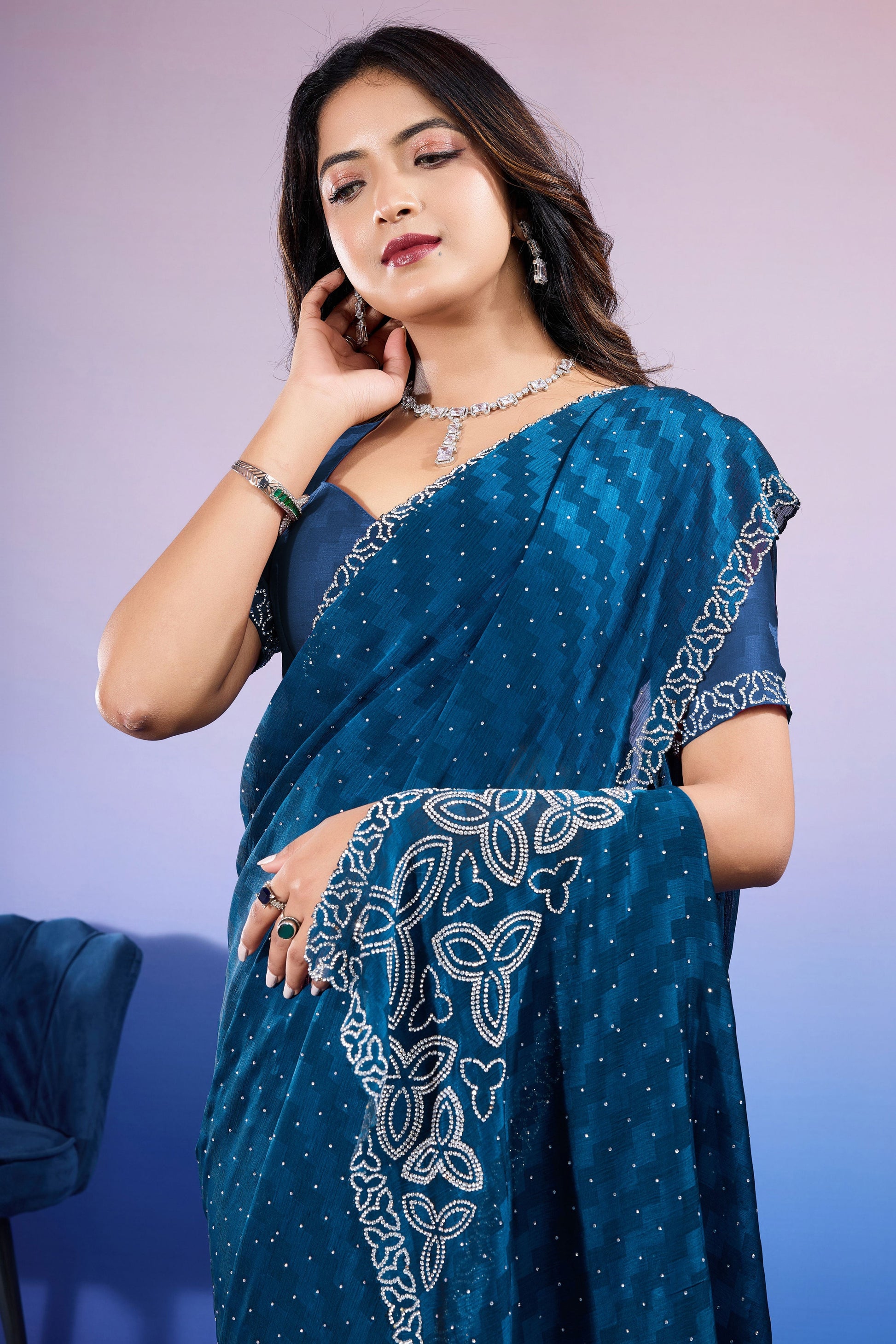 Blue Stone Work Chiffon Saree-ZB133339_2_SareeButa.com