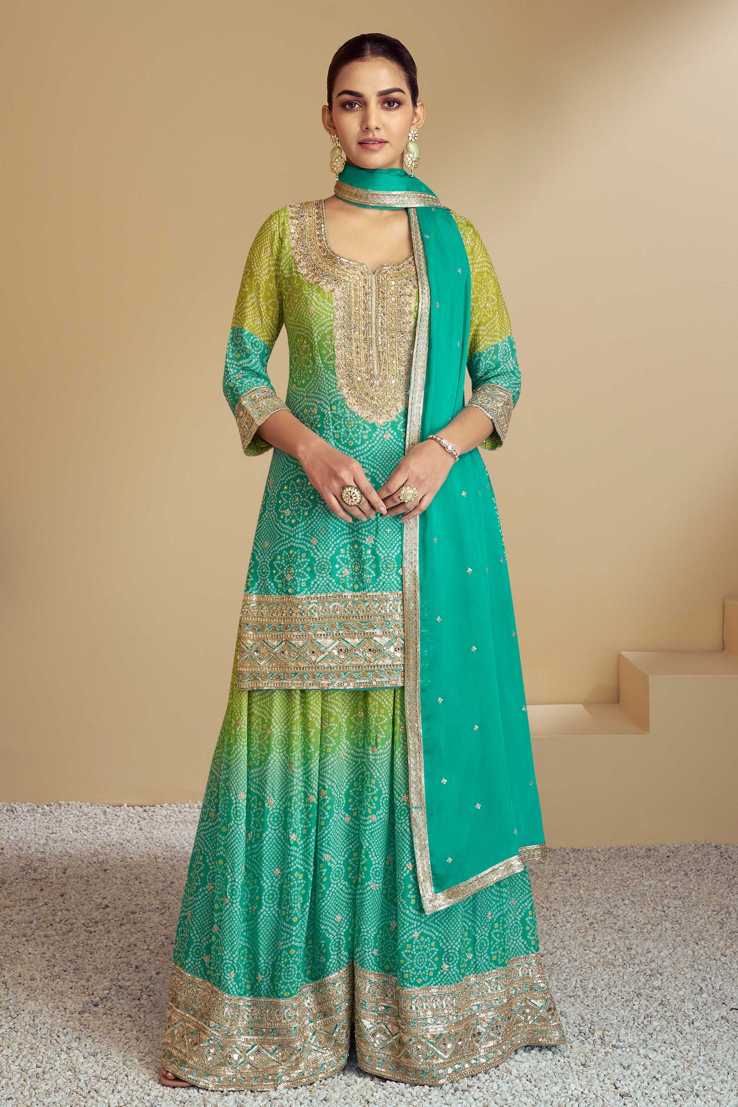 Blue & Green Embroidered Chinon Palazzo Suit-SS227_1_SareeButa.com
