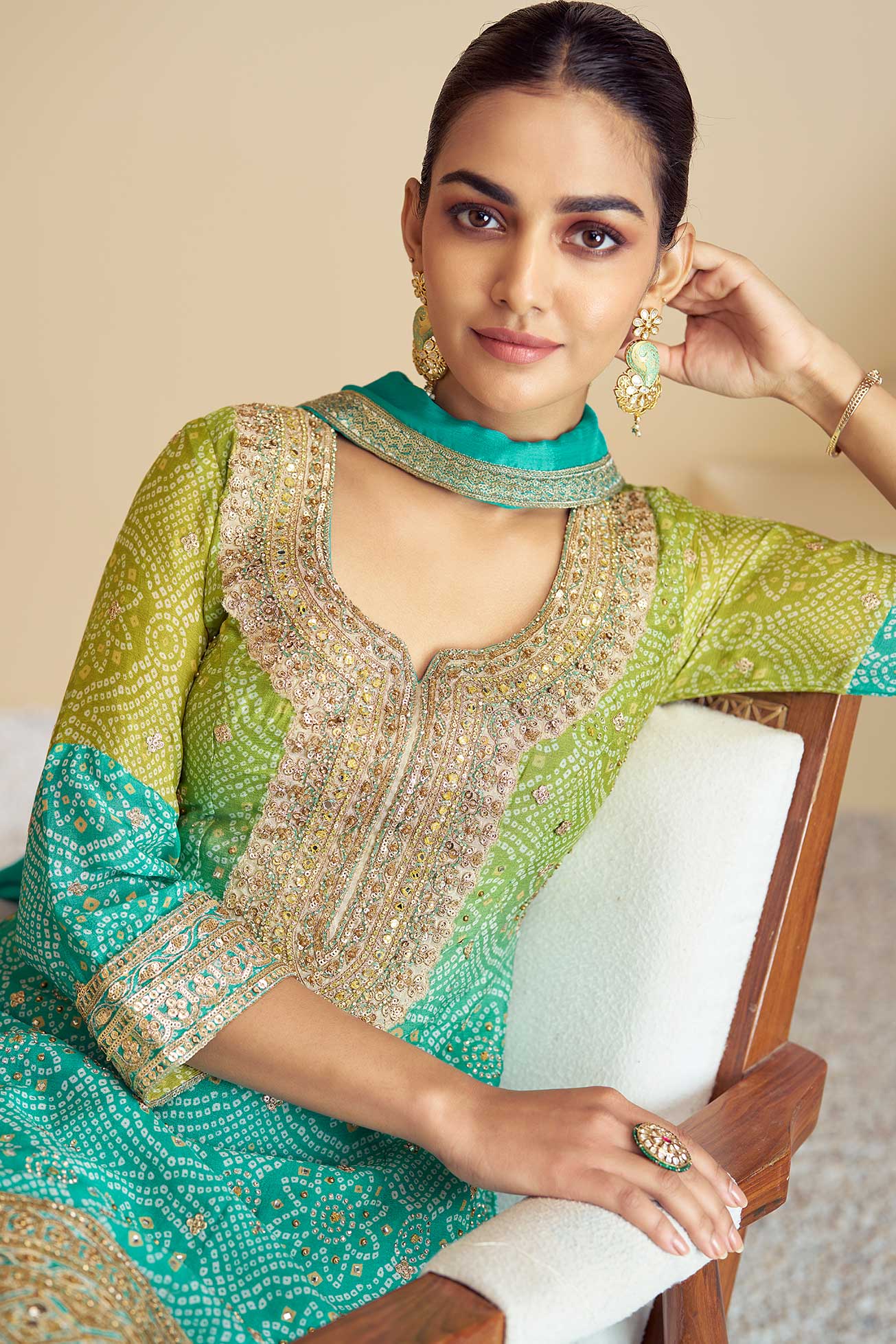 Blue & Green Embroidered Chinon Palazzo Suit-SS227_2_SareeButa.com