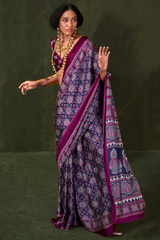 Blue Ajarakh Print Satin Crepe Saree-SAR12410_1_SareeButa.com