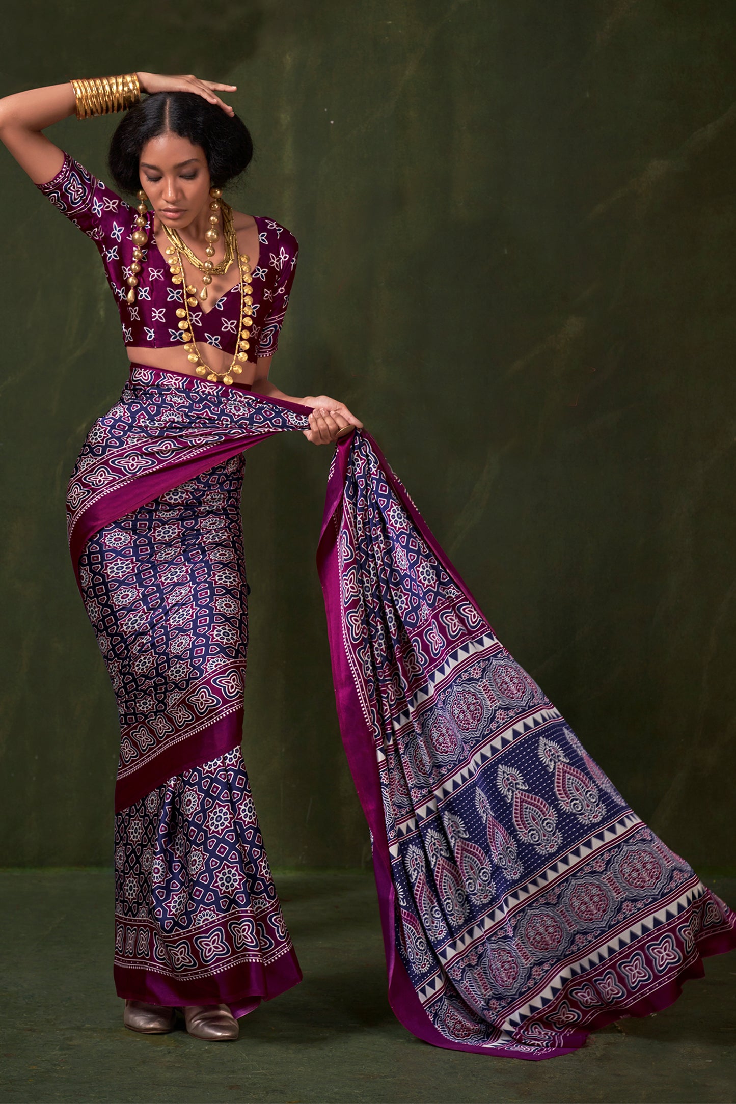 Blue Ajarakh Print Satin Crepe Saree-SAR12410_2_SareeButa.com