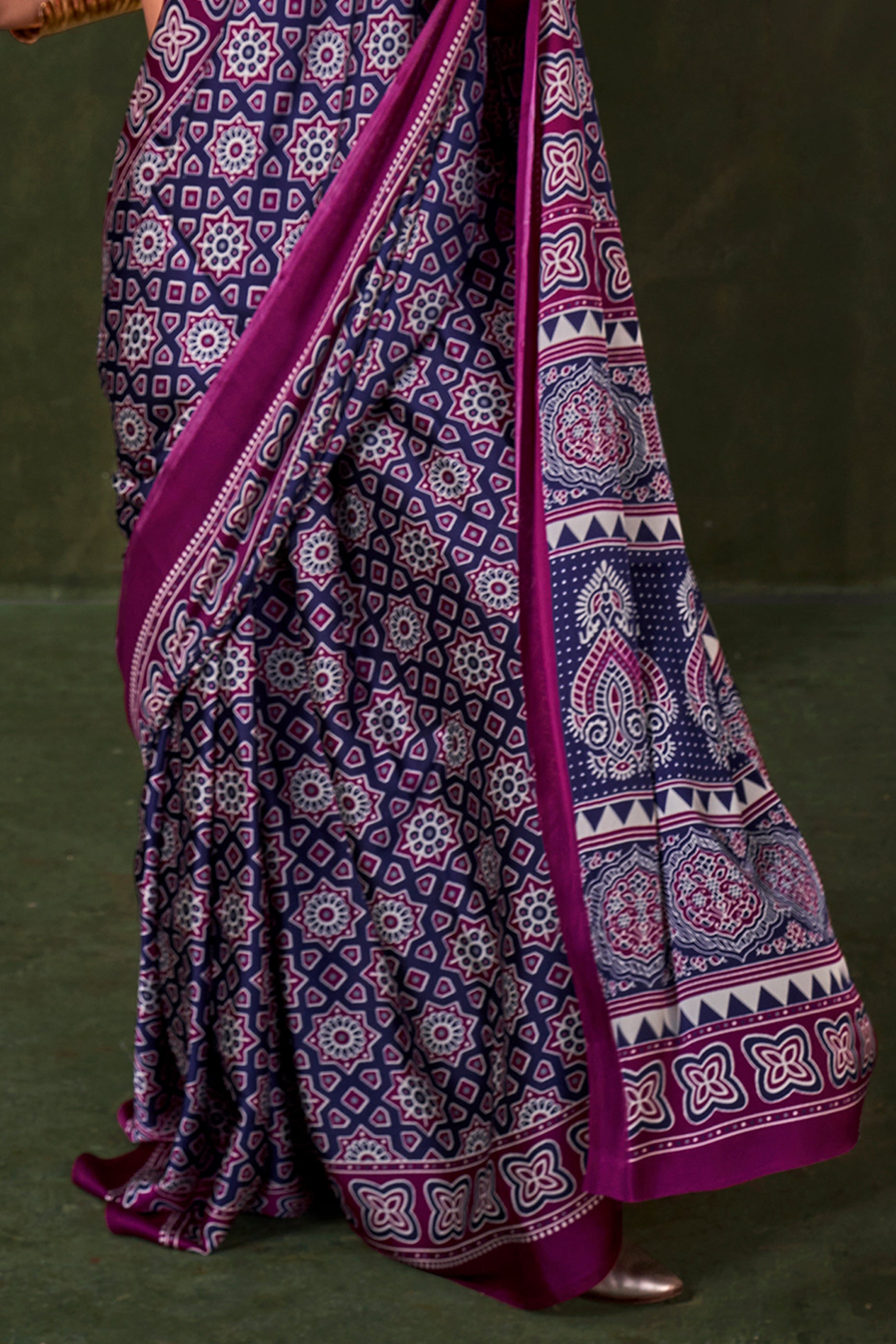 Blue Ajarakh Print Satin Crepe Saree-SAR12410_4_SareeButa.com