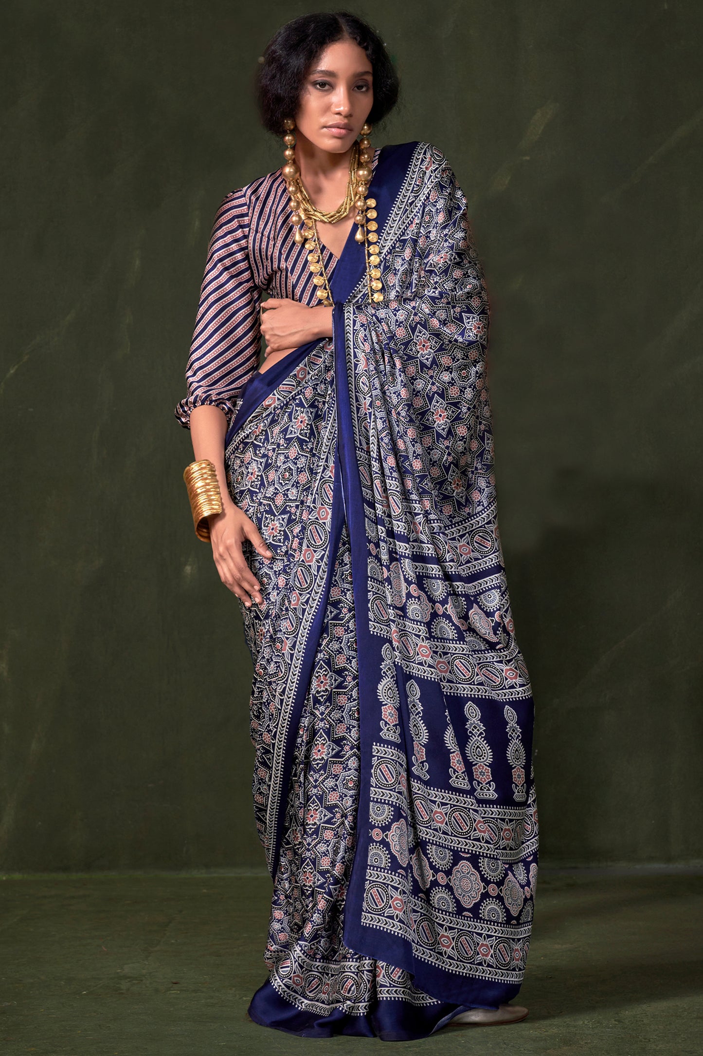 Blue Ajarakh Print Satin Crepe Saree-SAR12414_1_SareeButa.com
