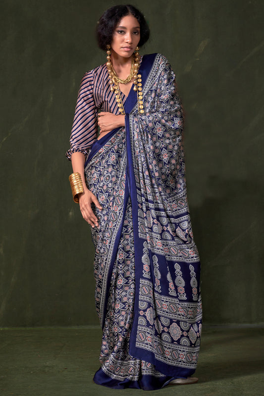 Blue Ajarakh Print Satin Crepe Saree-SAR12414_1_SareeButa.com