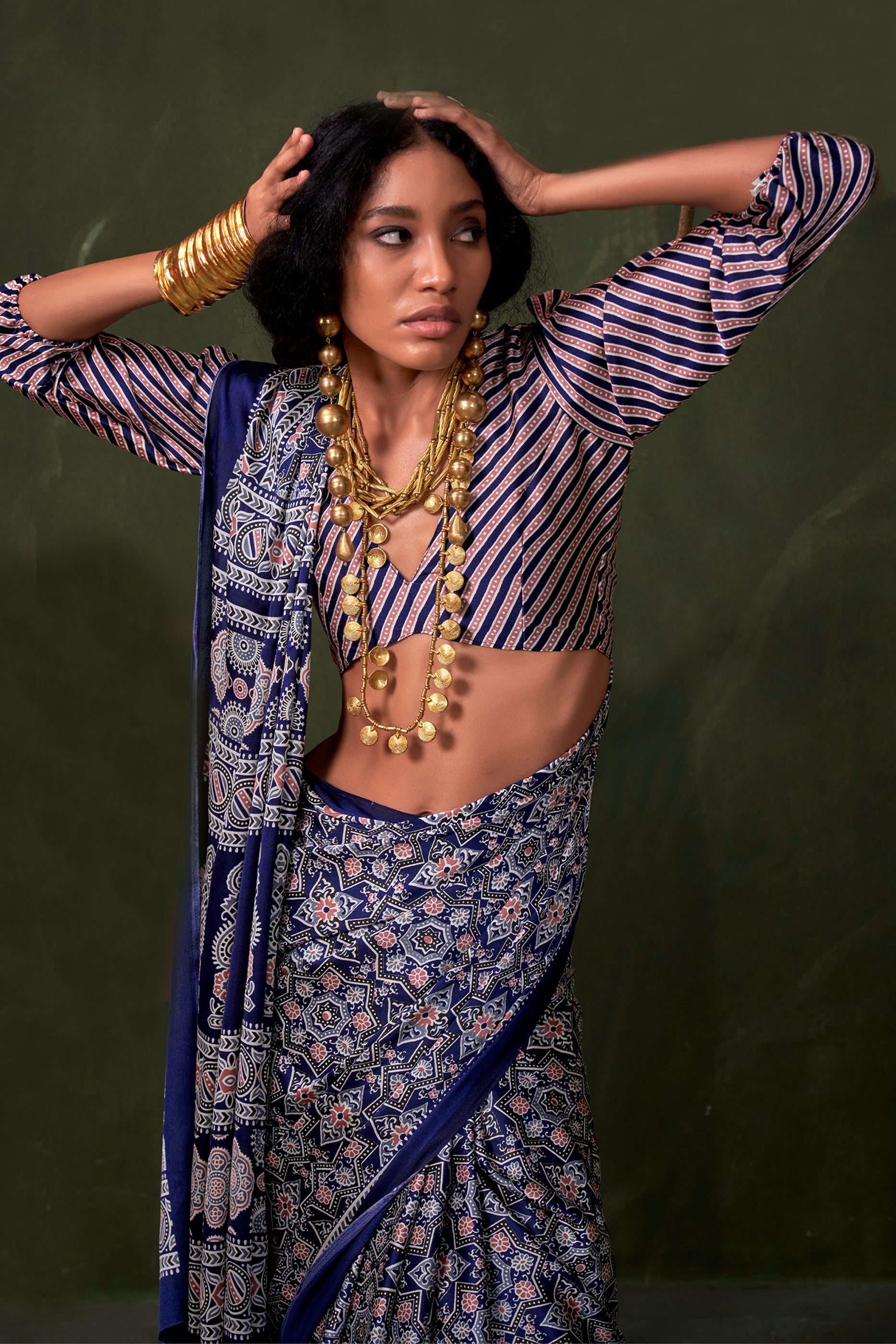 Blue Ajarakh Print Satin Crepe Saree-SAR12414_2_SareeButa.com