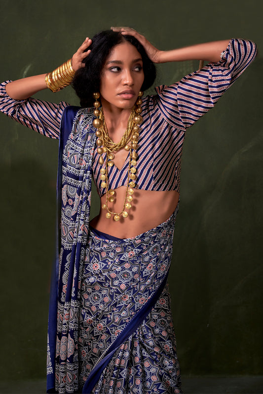 Blue Ajarakh Print Satin Crepe Saree-SAR12414_2_SareeButa.com