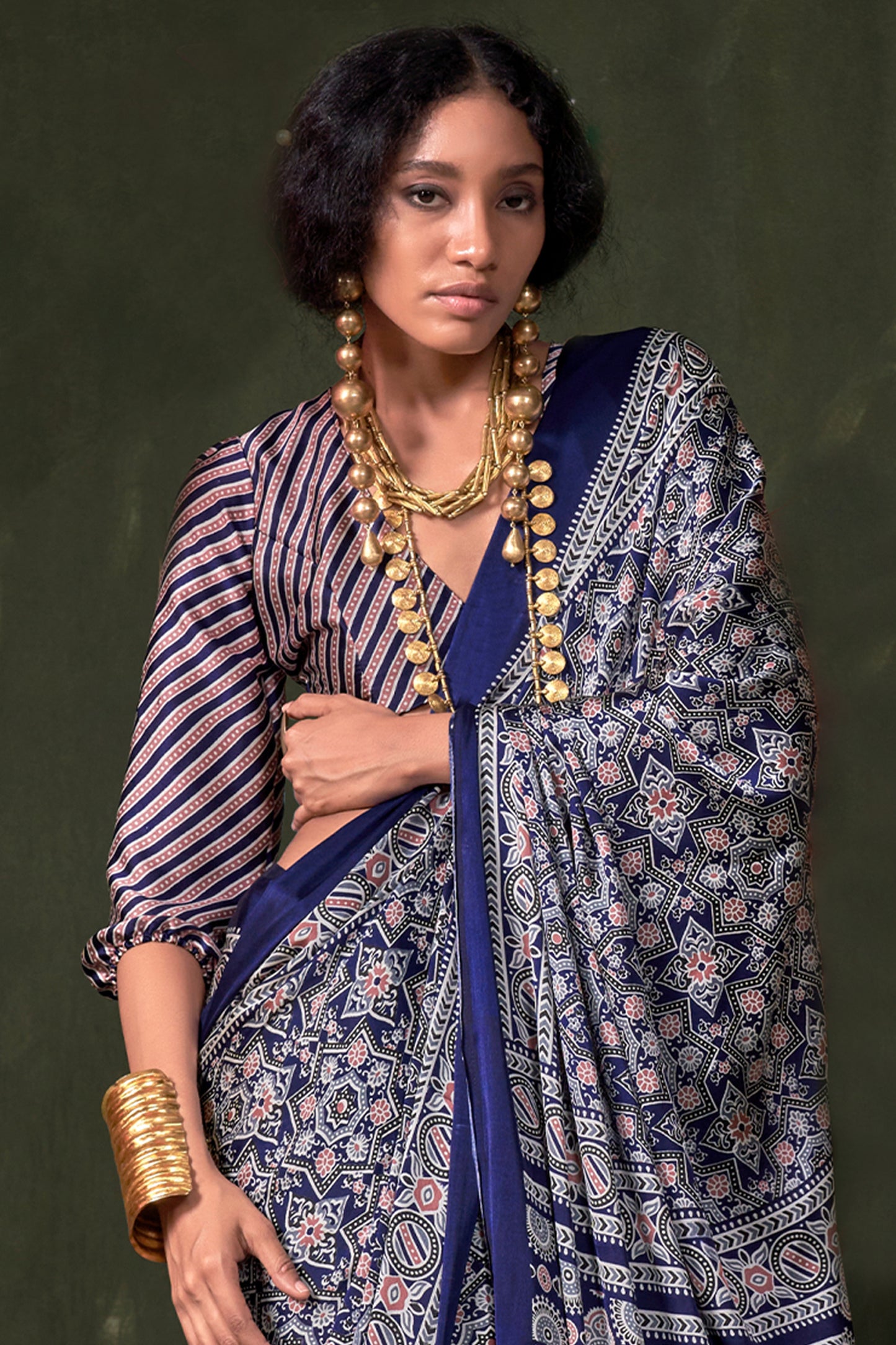 Blue Ajarakh Print Satin Crepe Saree-SAR12414_3_SareeButa.com