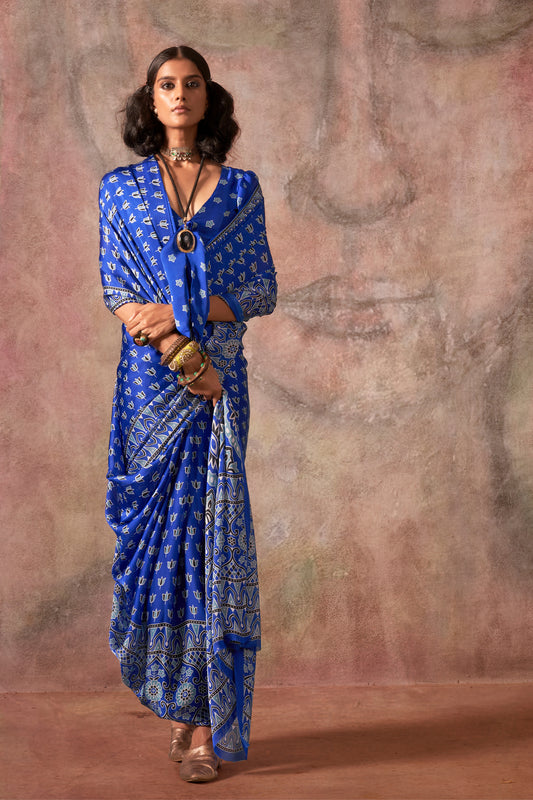 Blue Ajarakh Print Satin Georgette Saree-SAR12427_1_SareeButa.com