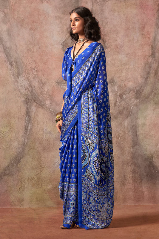 Blue Ajarakh Print Satin Georgette Saree-SAR12427_2_SareeButa.com