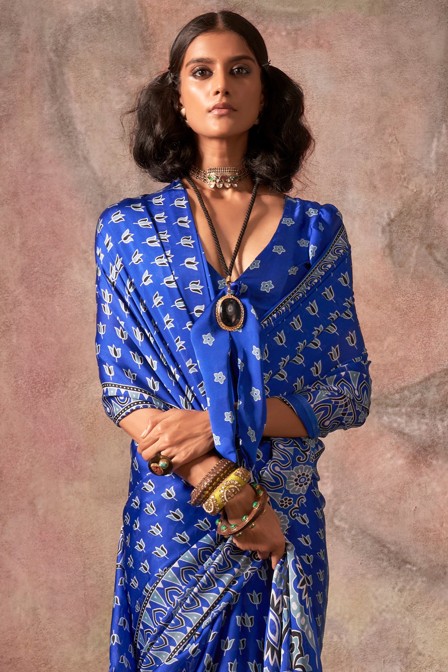 Blue Ajarakh Print Satin Georgette Saree-SAR12427_3_SareeButa.com