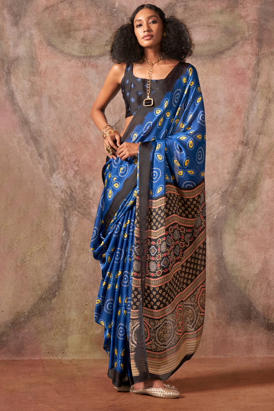 Blue Ajarakh Print Satin Georgette Saree-SAR12430_1_SareeButa.com