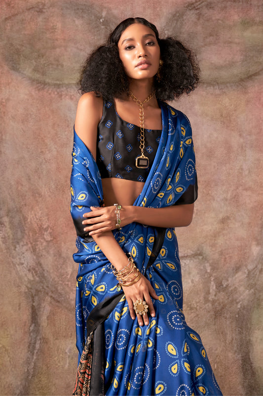 Blue Ajarakh Print Satin Georgette Saree-SAR12430_2_SareeButa.com