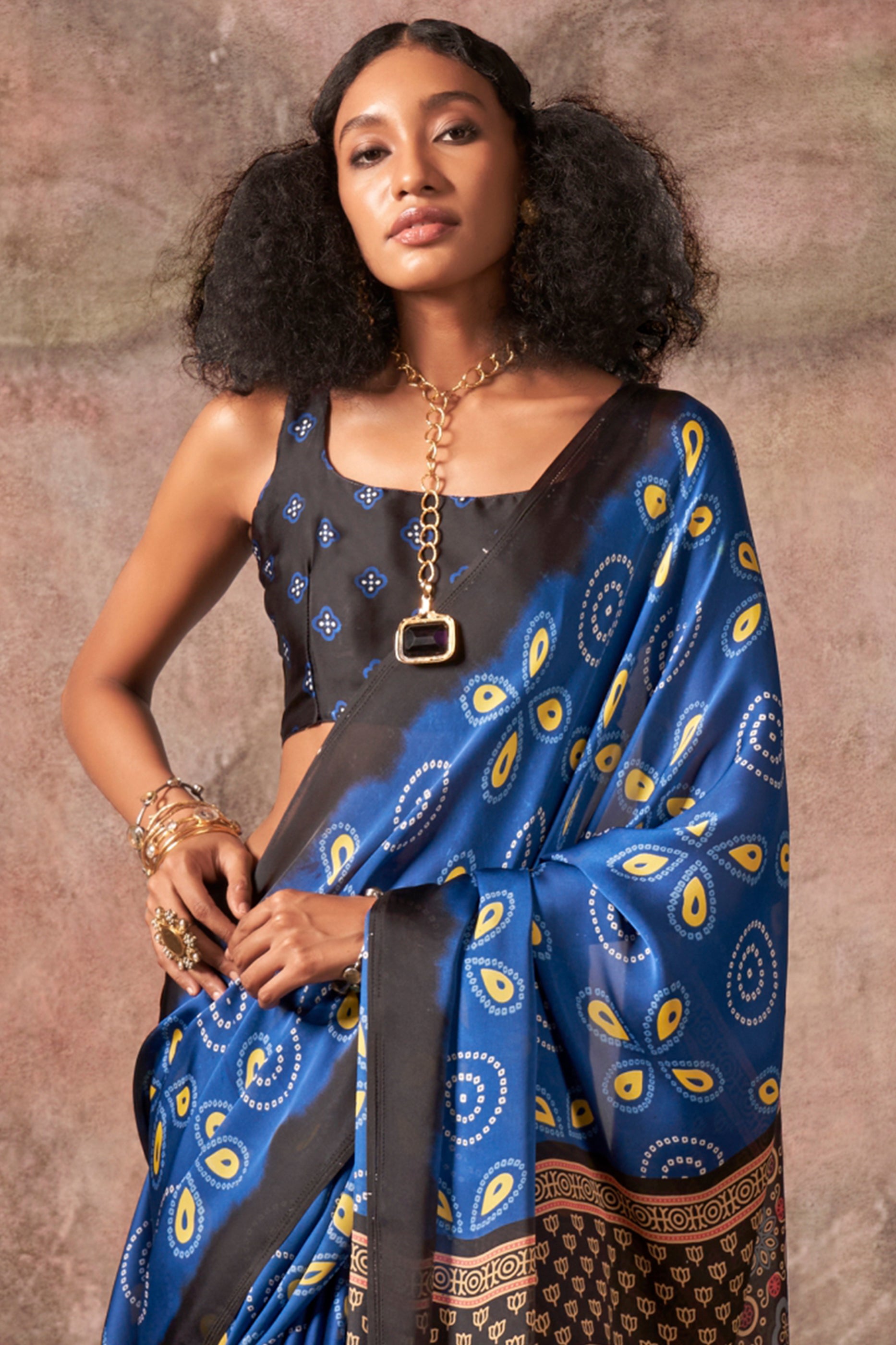 Blue Ajarakh Print Satin Georgette Saree-SAR12430_3_SareeButa.com