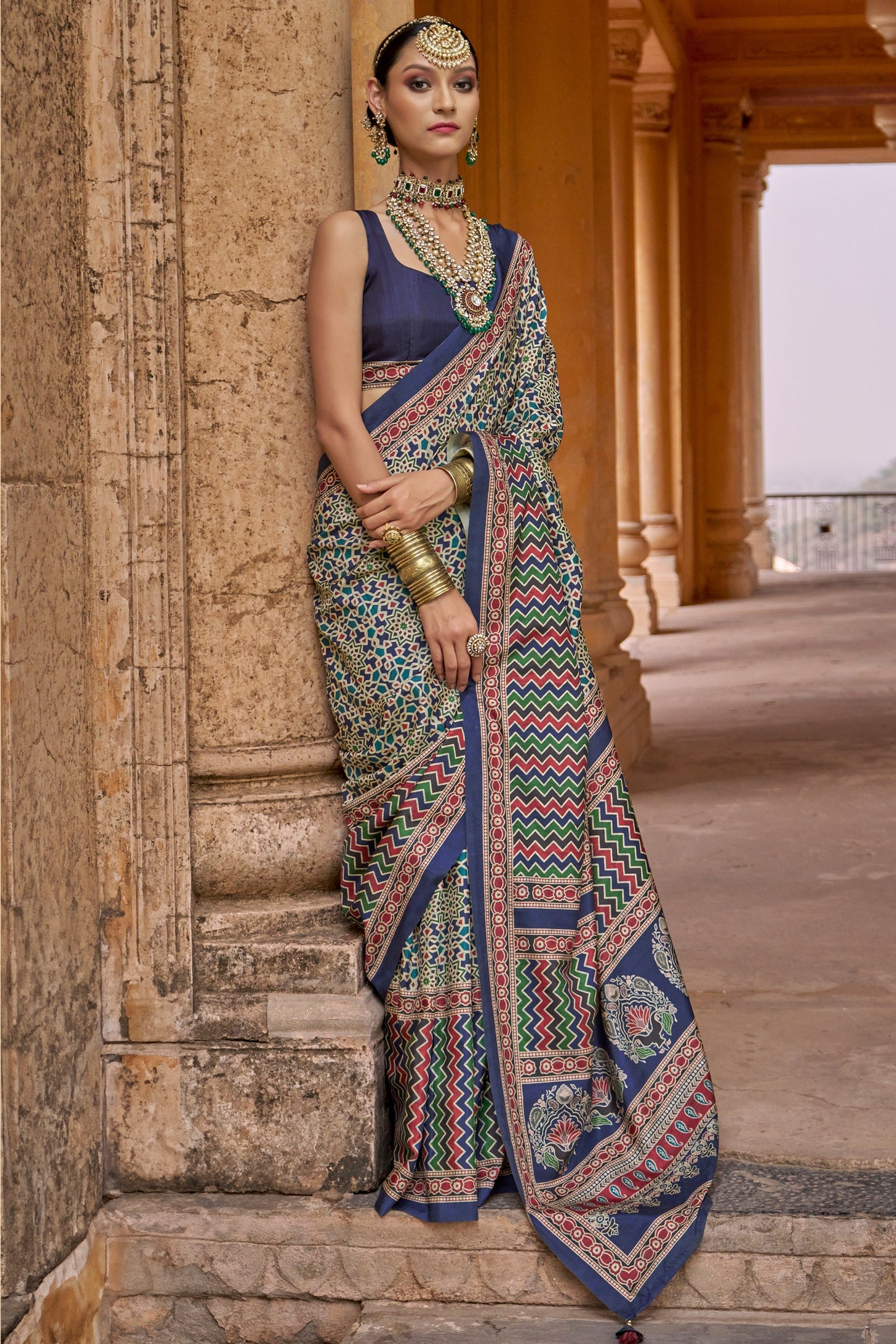 Blue Ajarakh Printed Viscose Silk Saree-SAR10141_1_SareeButa.com