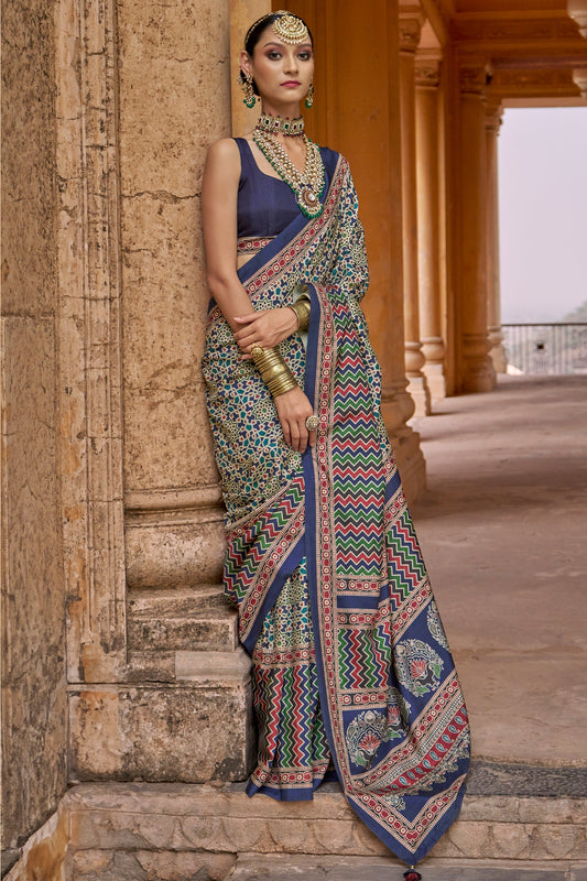 Blue Ajarakh Printed Viscose Silk Saree-SAR10141_1_SareeButa.com