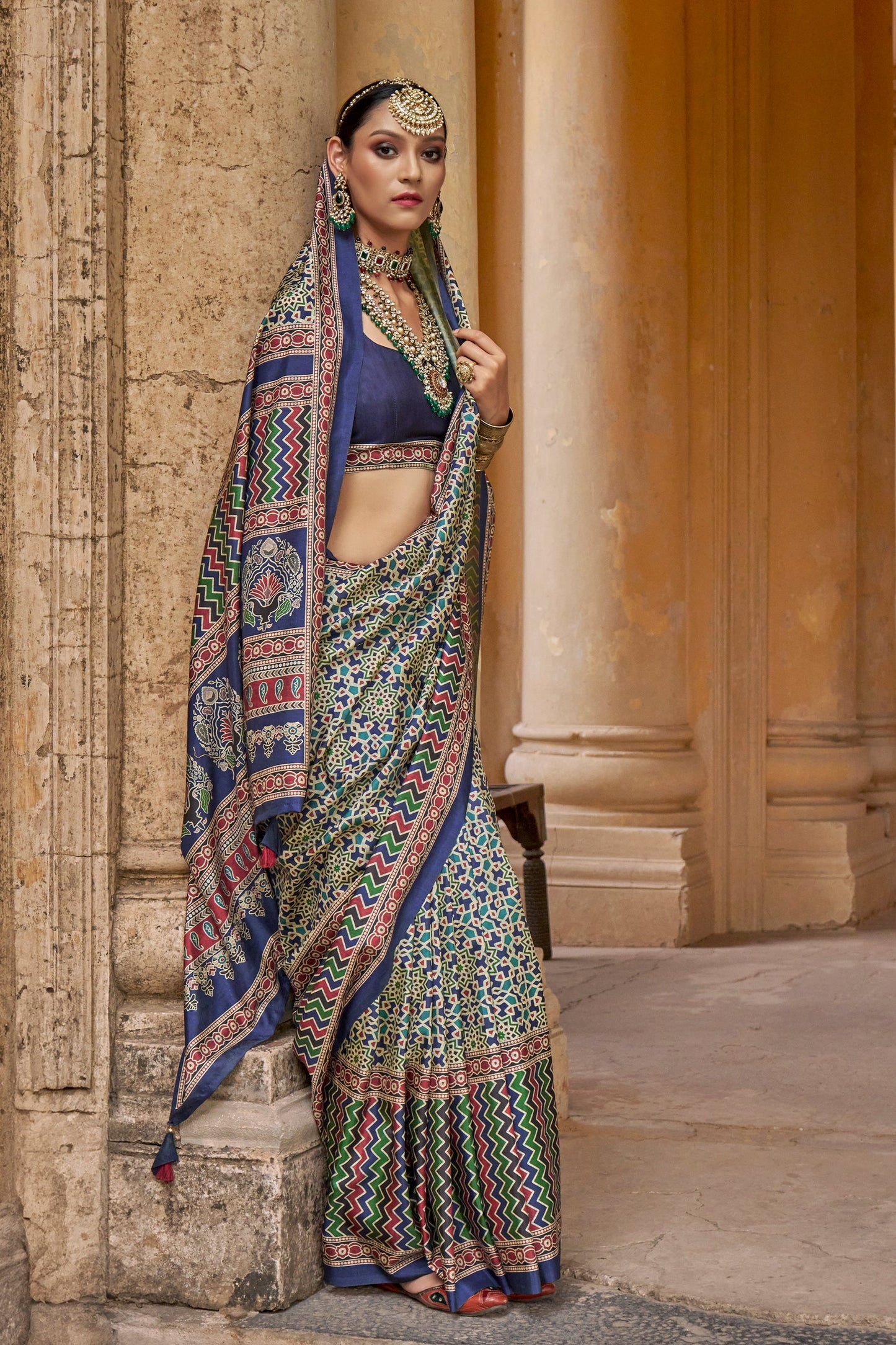 Blue Ajarakh Printed Viscose Silk Saree-SAR10141_2_SareeButa.com