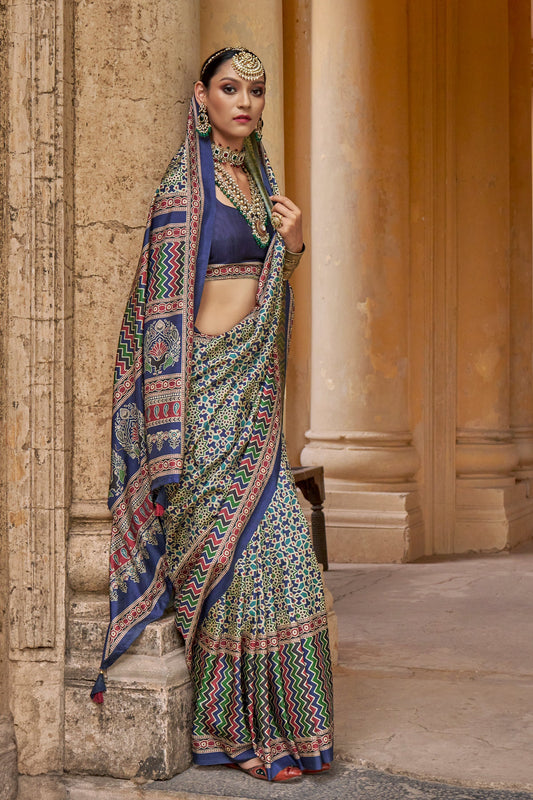 Blue Ajarakh Printed Viscose Silk Saree-SAR10141_2_SareeButa.com