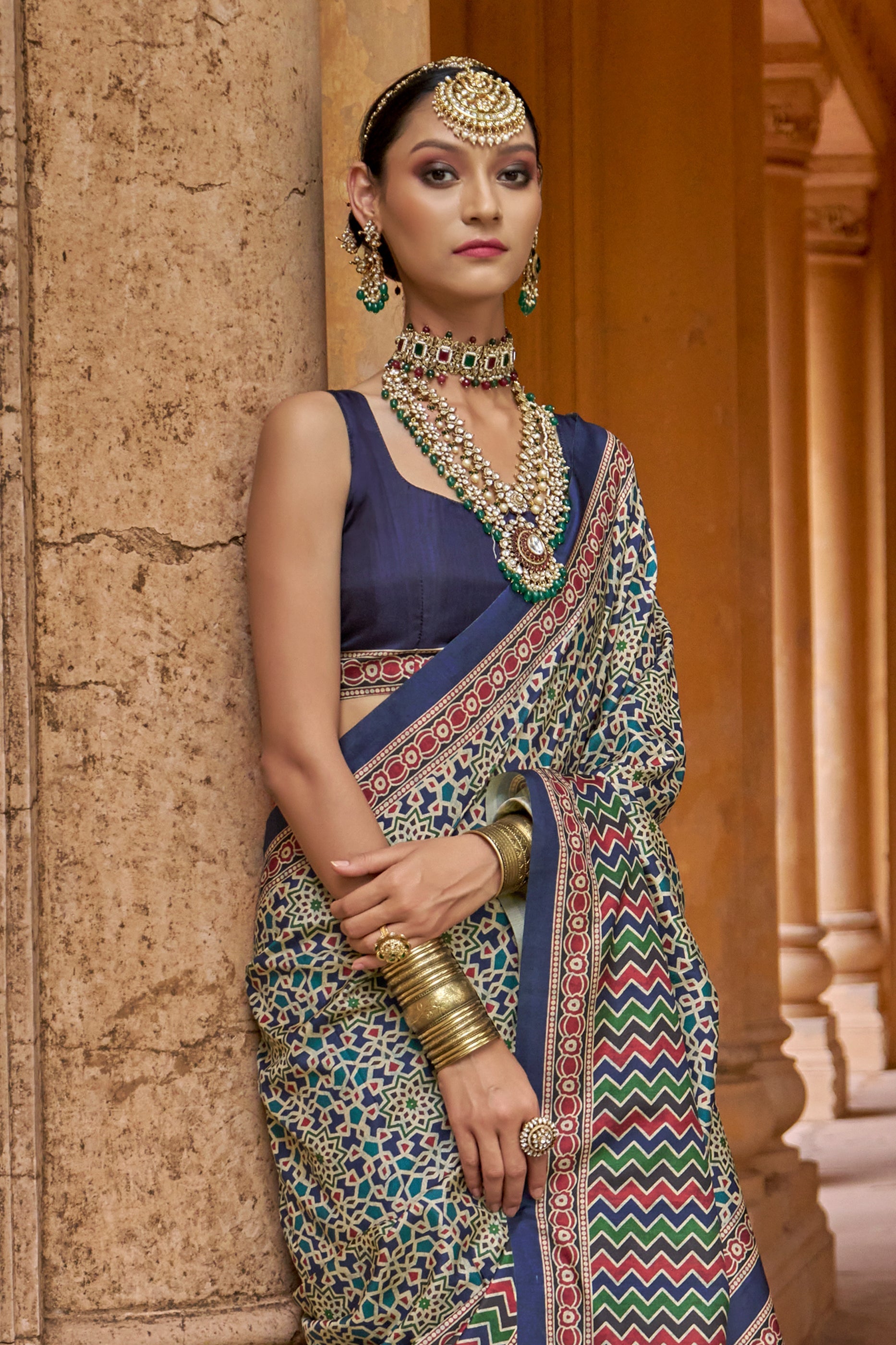 Blue Ajarakh Printed Viscose Silk Saree-SAR10141_3_SareeButa.com