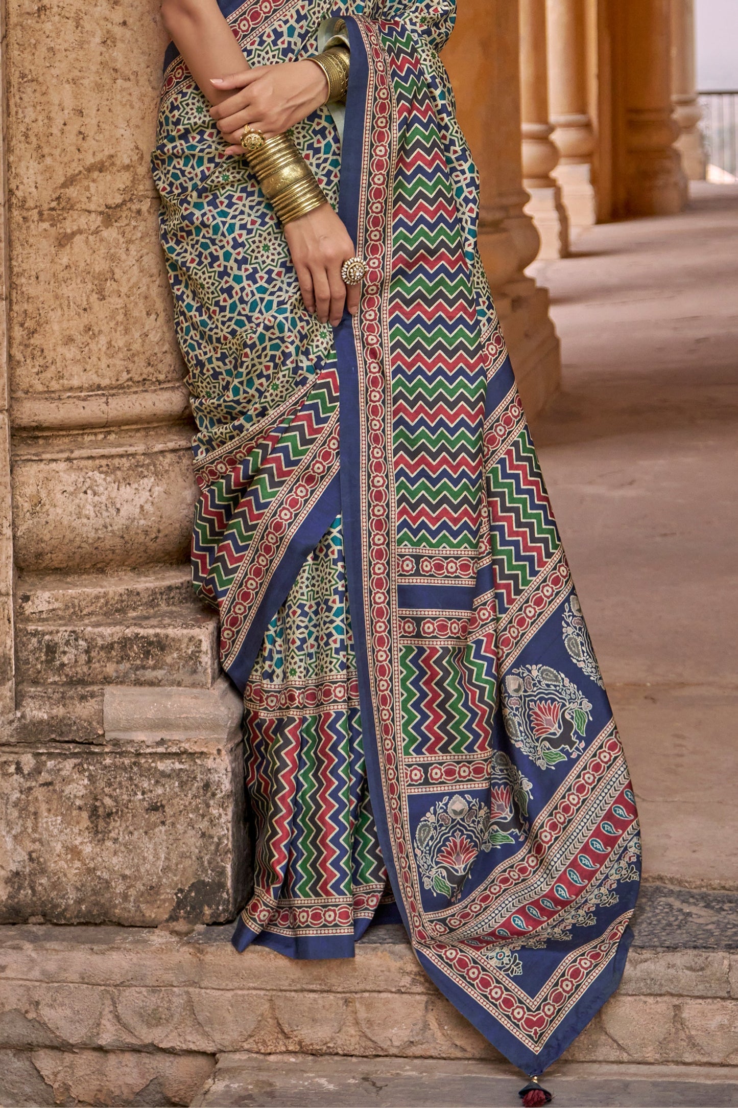 Blue Ajarakh Printed Viscose Silk Saree-SAR10141_4_SareeButa.com