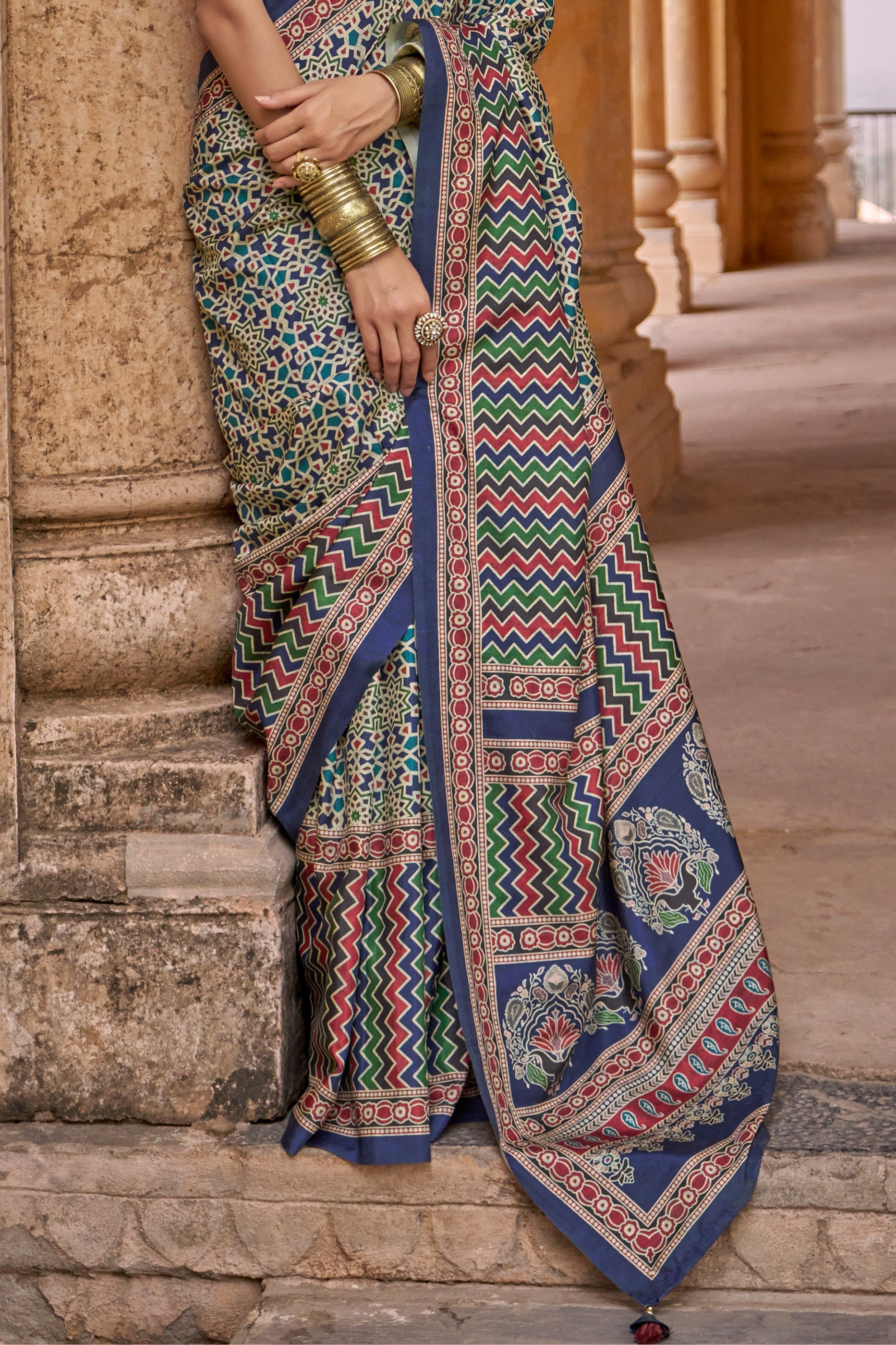 Blue Ajarakh Printed Viscose Silk Saree-SAR10141_4_SareeButa.com
