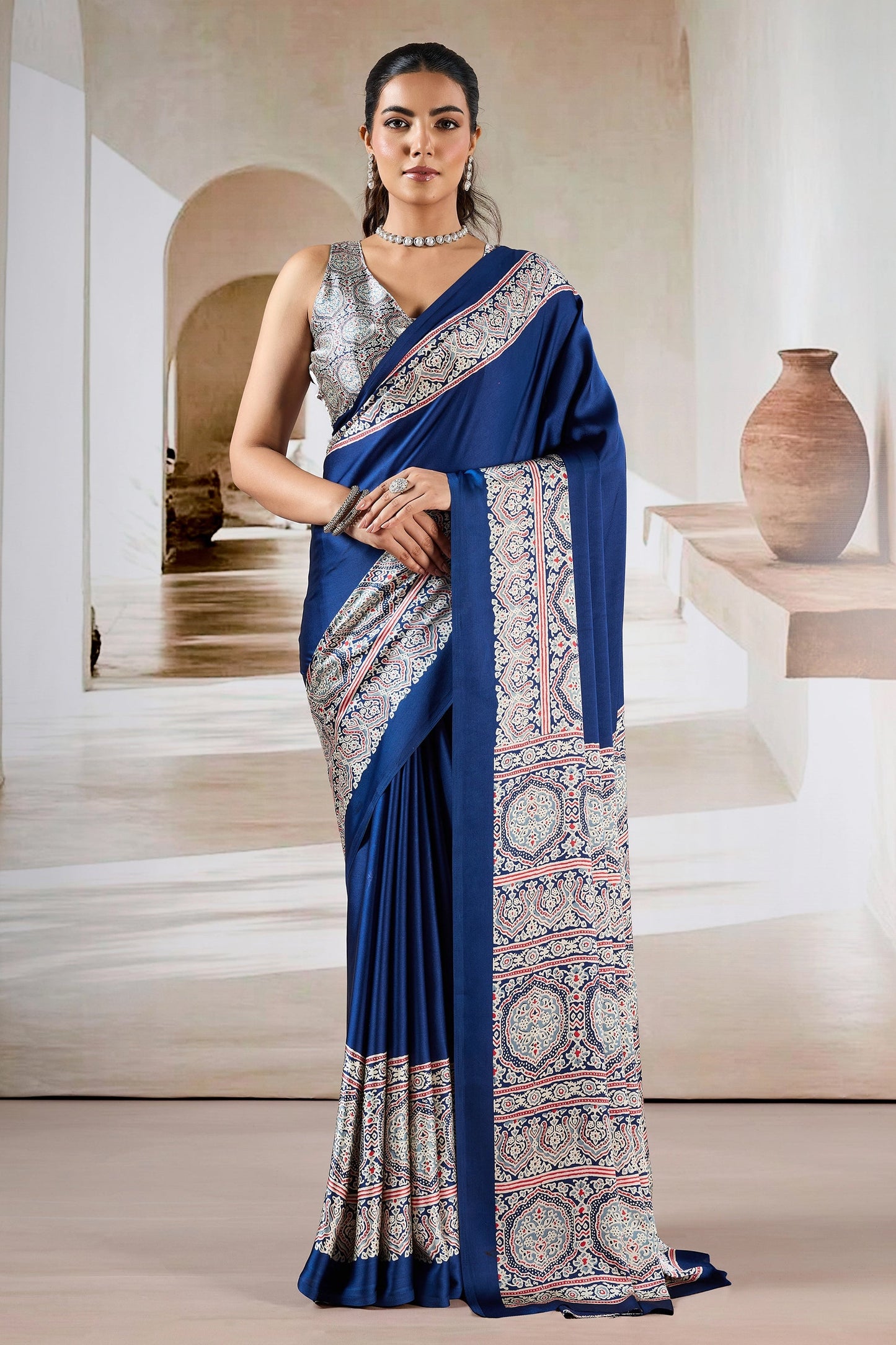 Blue Ajrakh Print Satin Saree-SAR11482_1_SareeButa.com