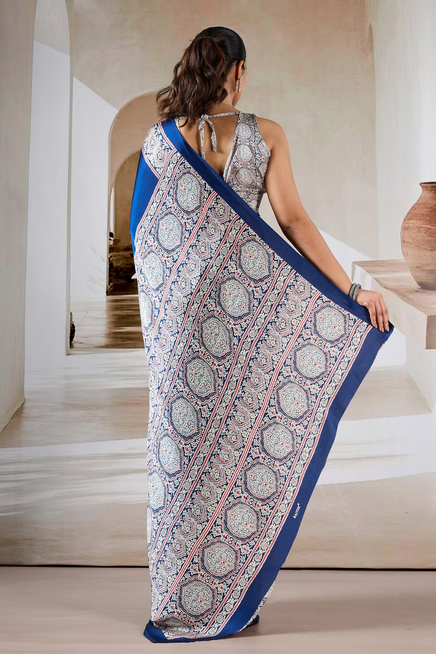Blue Ajrakh Print Satin Saree-SAR11482_3_SareeButa.com