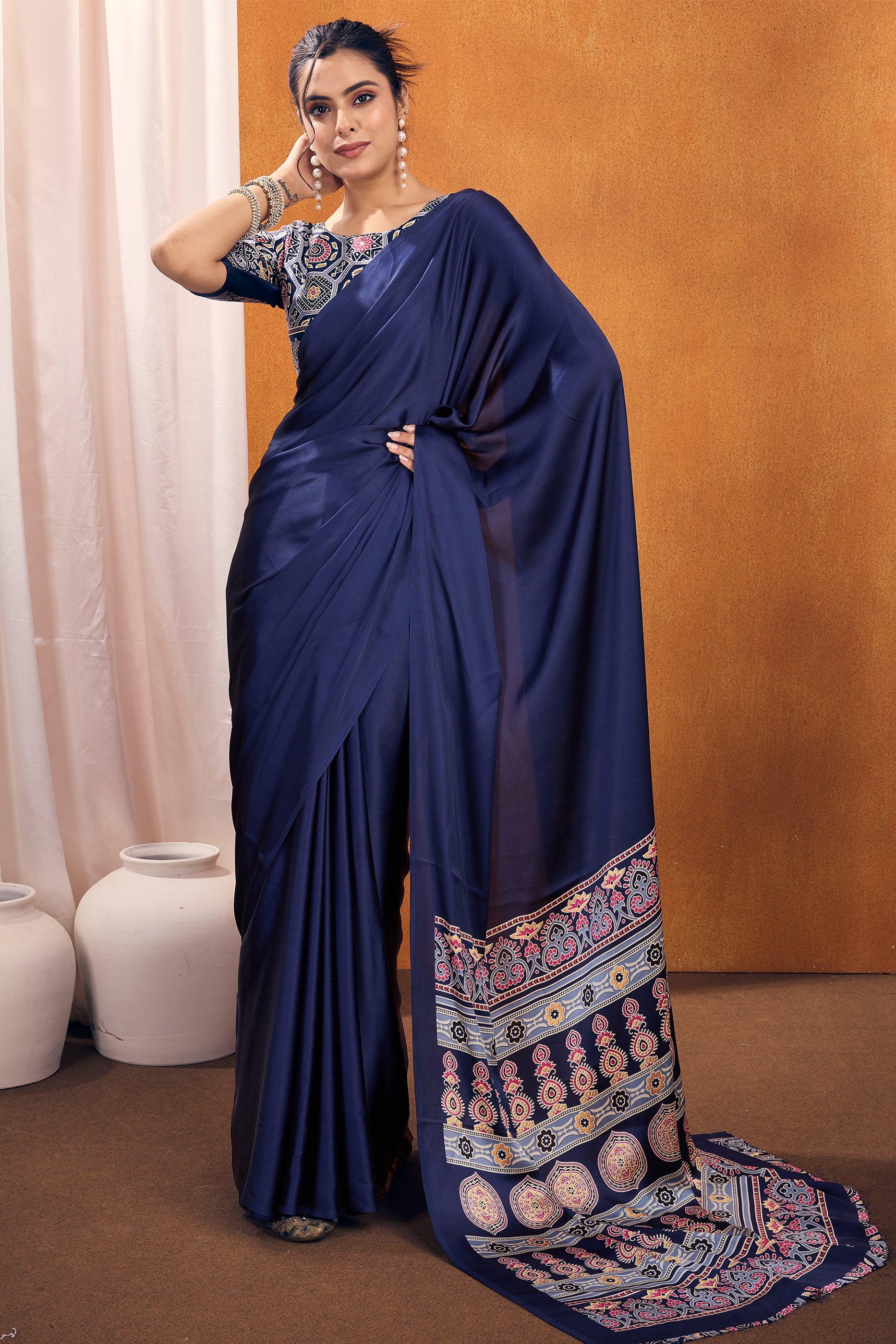 Blue Ajrakh Print Satin Saree-SAR11817_1_SareeButa.com