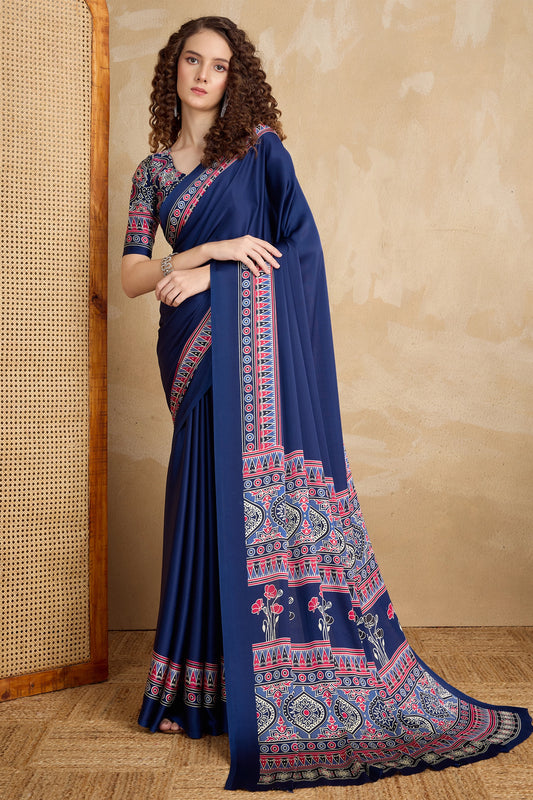Blue Ajrakh Print Satin Saree-SAR11821_1_SareeButa.com