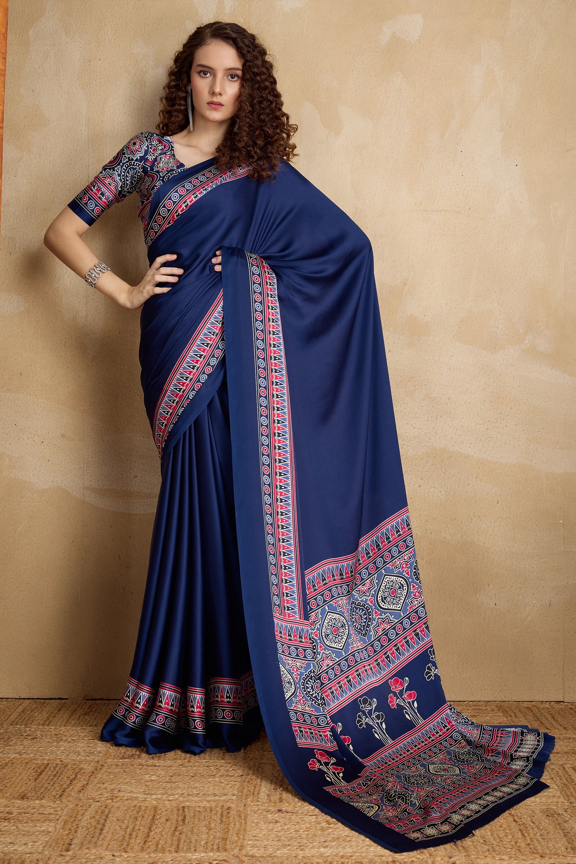 Blue Ajrakh Print Satin Saree-SAR11821_3_SareeButa.com