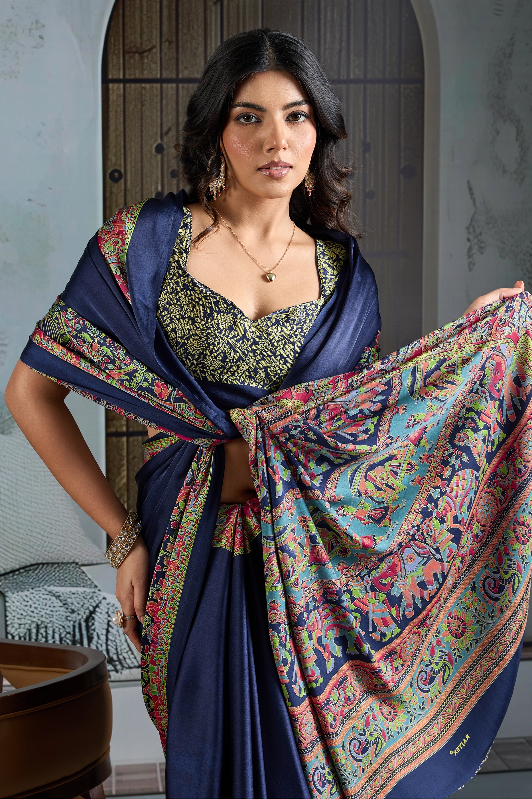 Blue Ajrakh Print Satin Saree-SAR11826_2_SareeButa.com