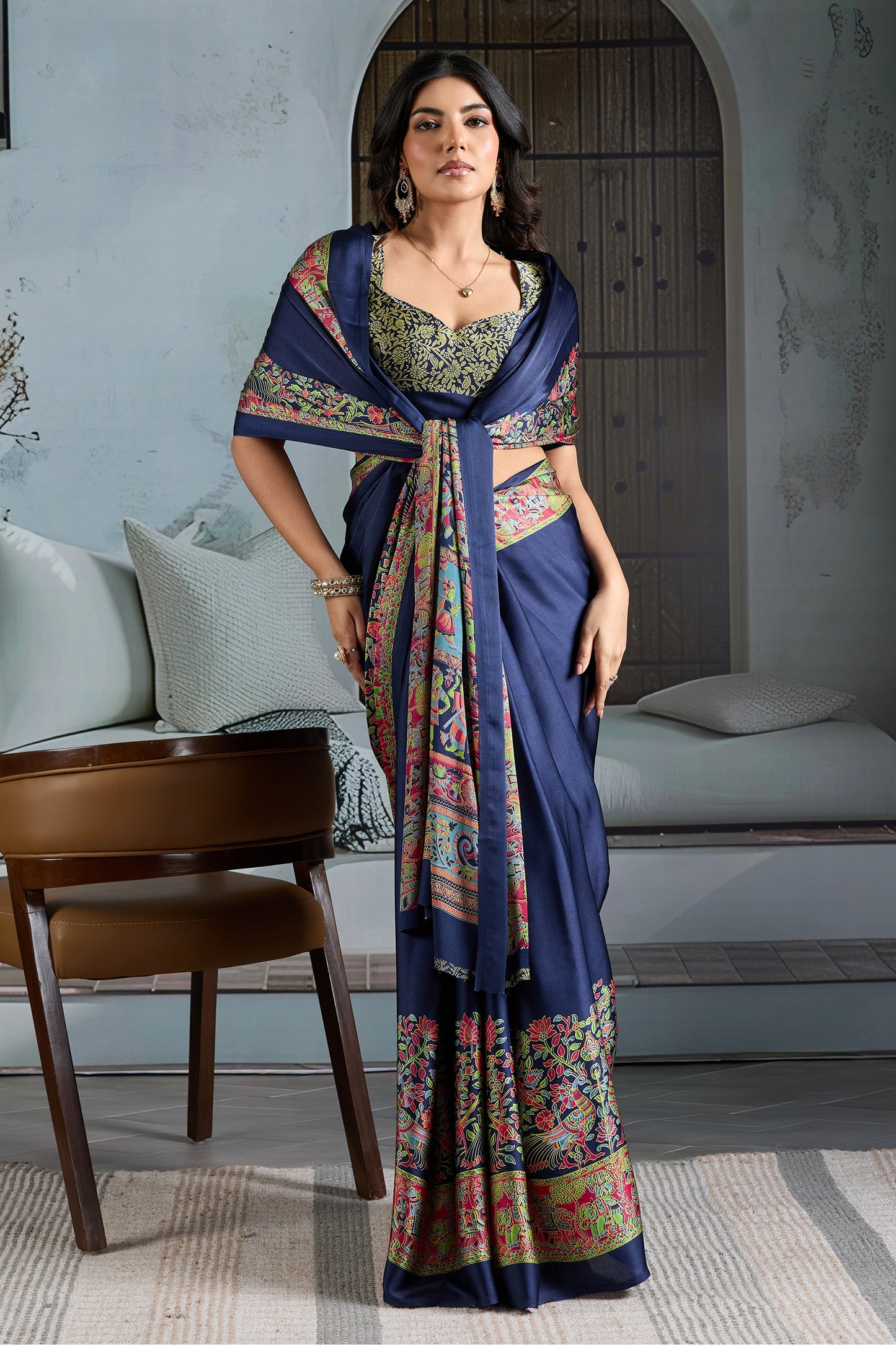 Blue Ajrakh Print Satin Saree-SAR11826_3_SareeButa.com