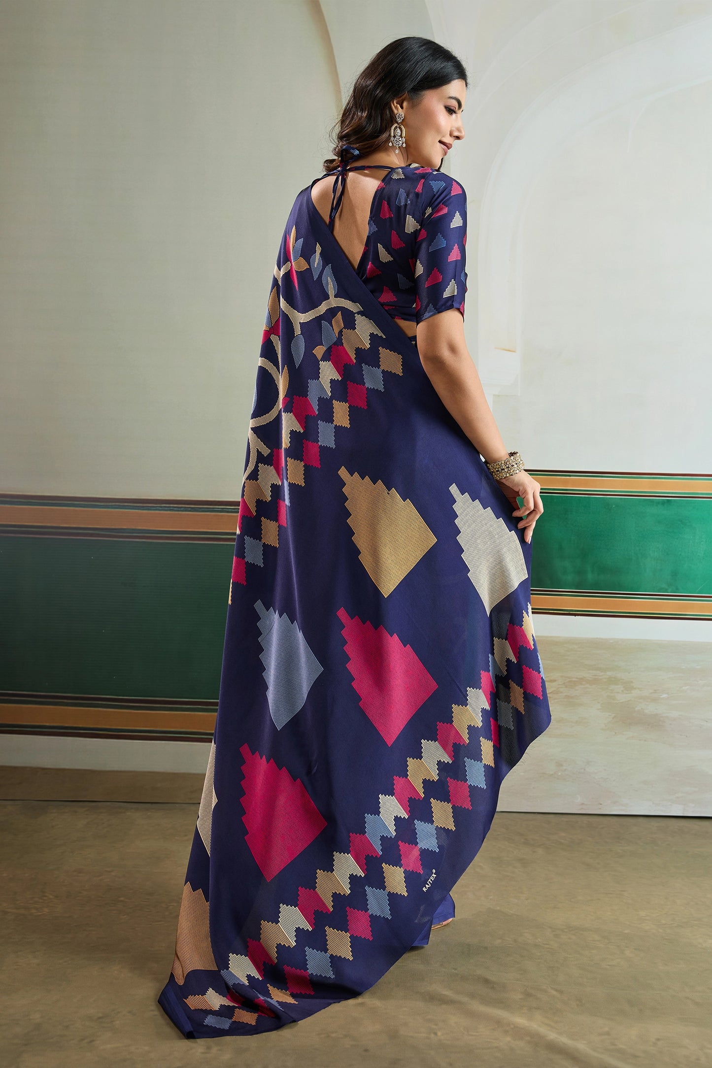 Blue Ajrakh Print Satin Saree-SAR11834_4_SareeButa.com