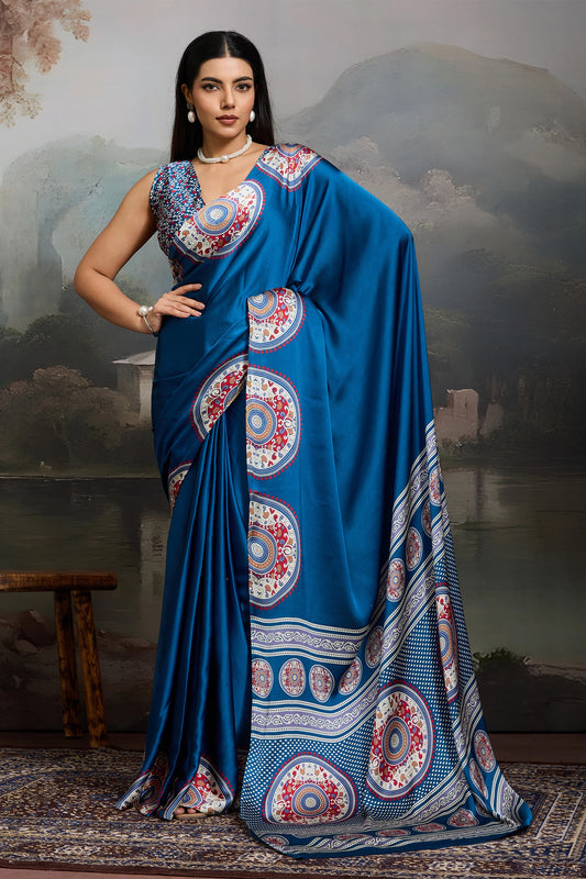 Blue Ajrakh Print Satin Saree-SAR11866_1_SareeButa.com