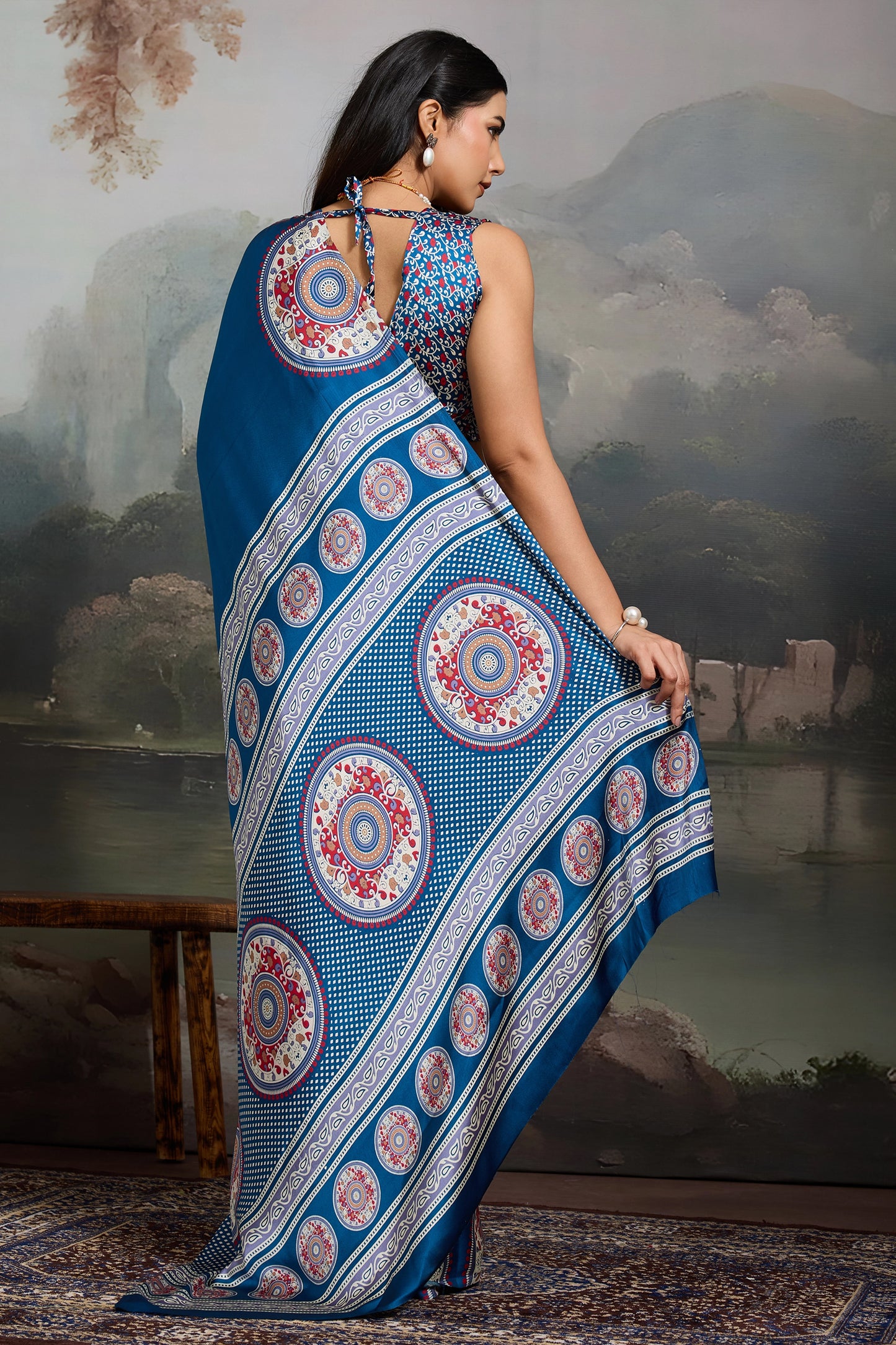 Blue Ajrakh Print Satin Saree-SAR11866_4_SareeButa.com