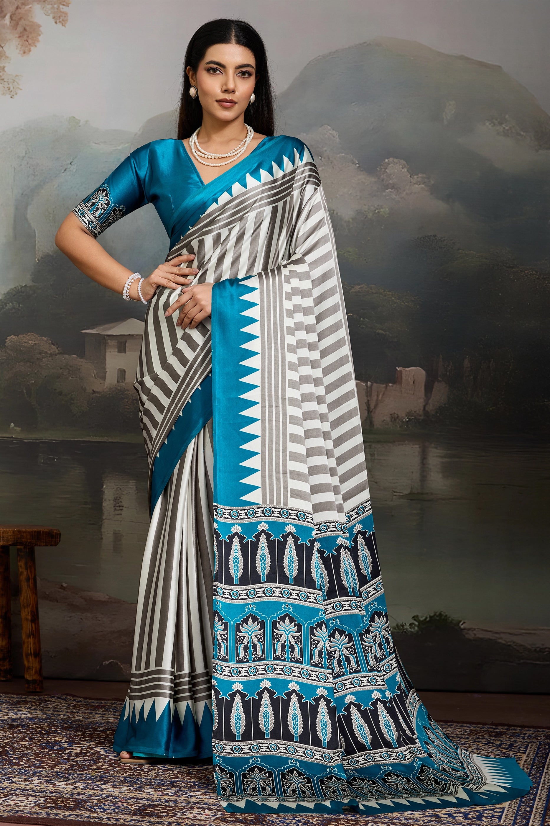 Blue Ajrakh Print Satin Saree-SAR11869_1_SareeButa.com
