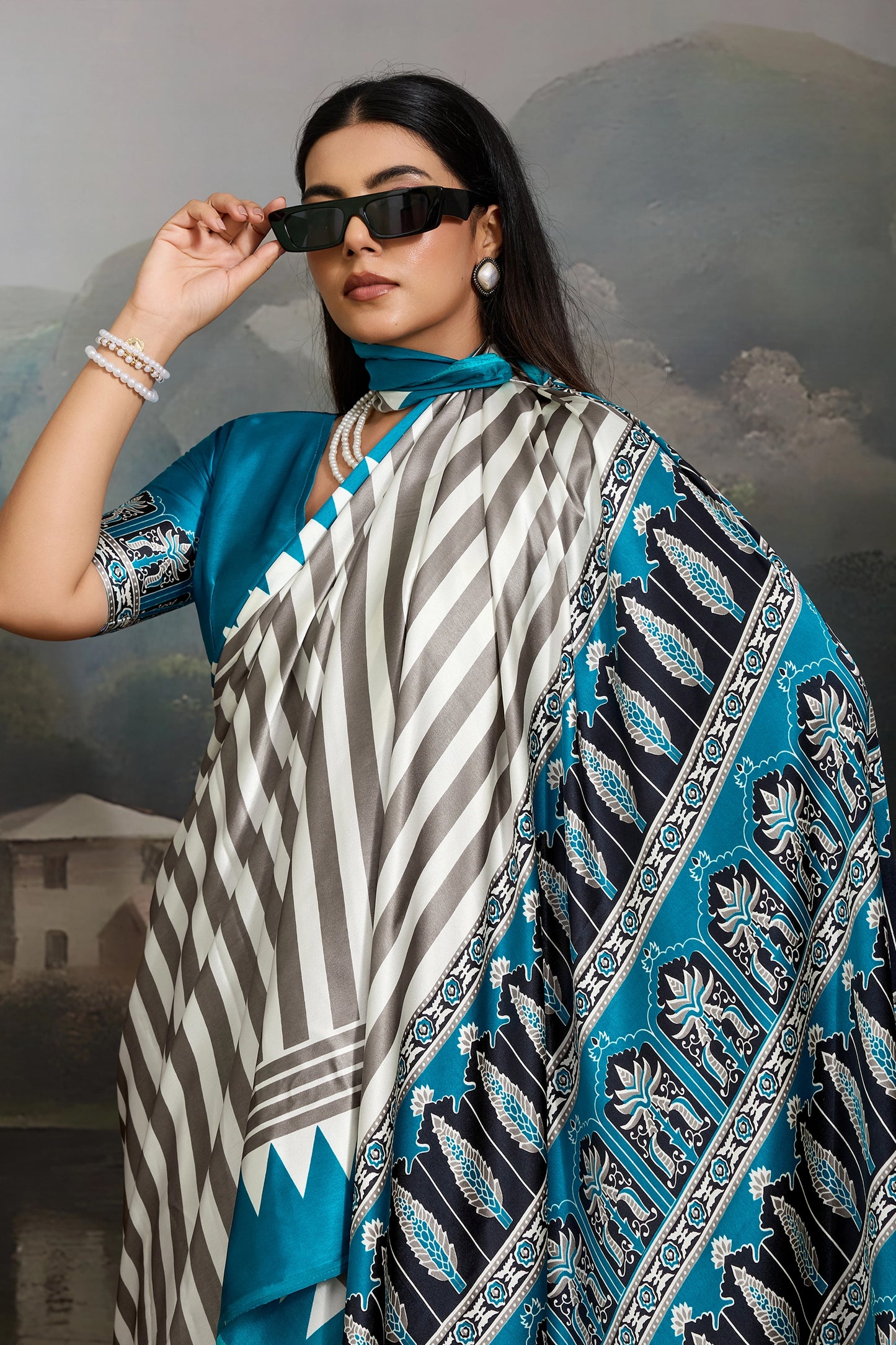 Blue Ajrakh Print Satin Saree-SAR11869_2_SareeButa.com