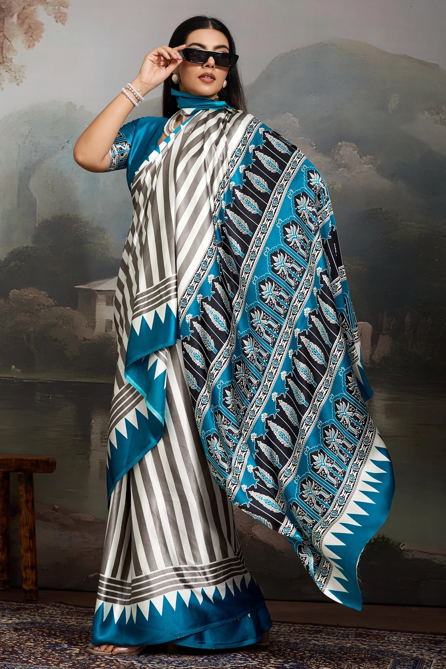 Blue Ajrakh Print Satin Saree-SAR11869_3_SareeButa.com
