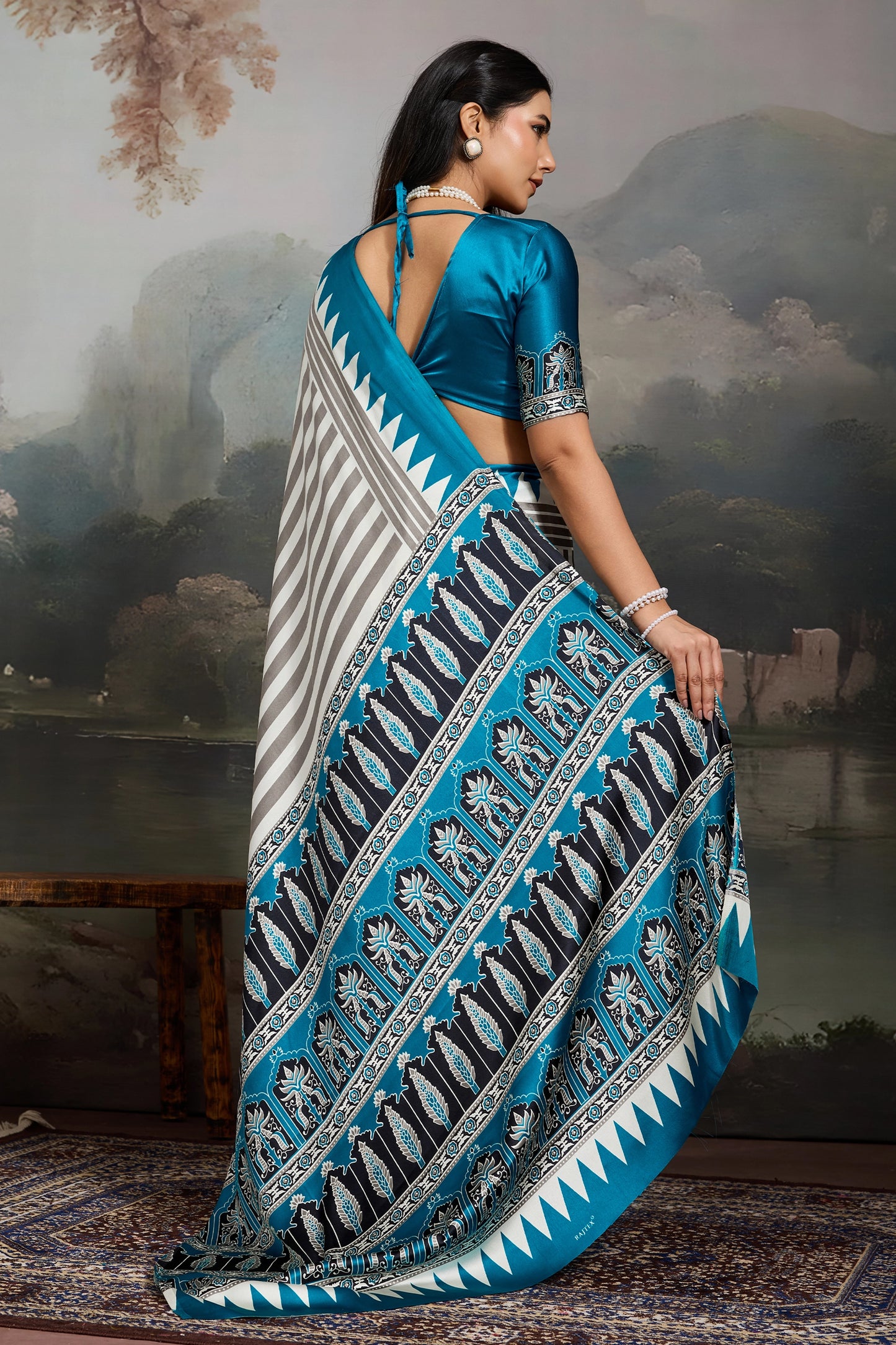 Blue Ajrakh Print Satin Saree-SAR11869_4_SareeButa.com