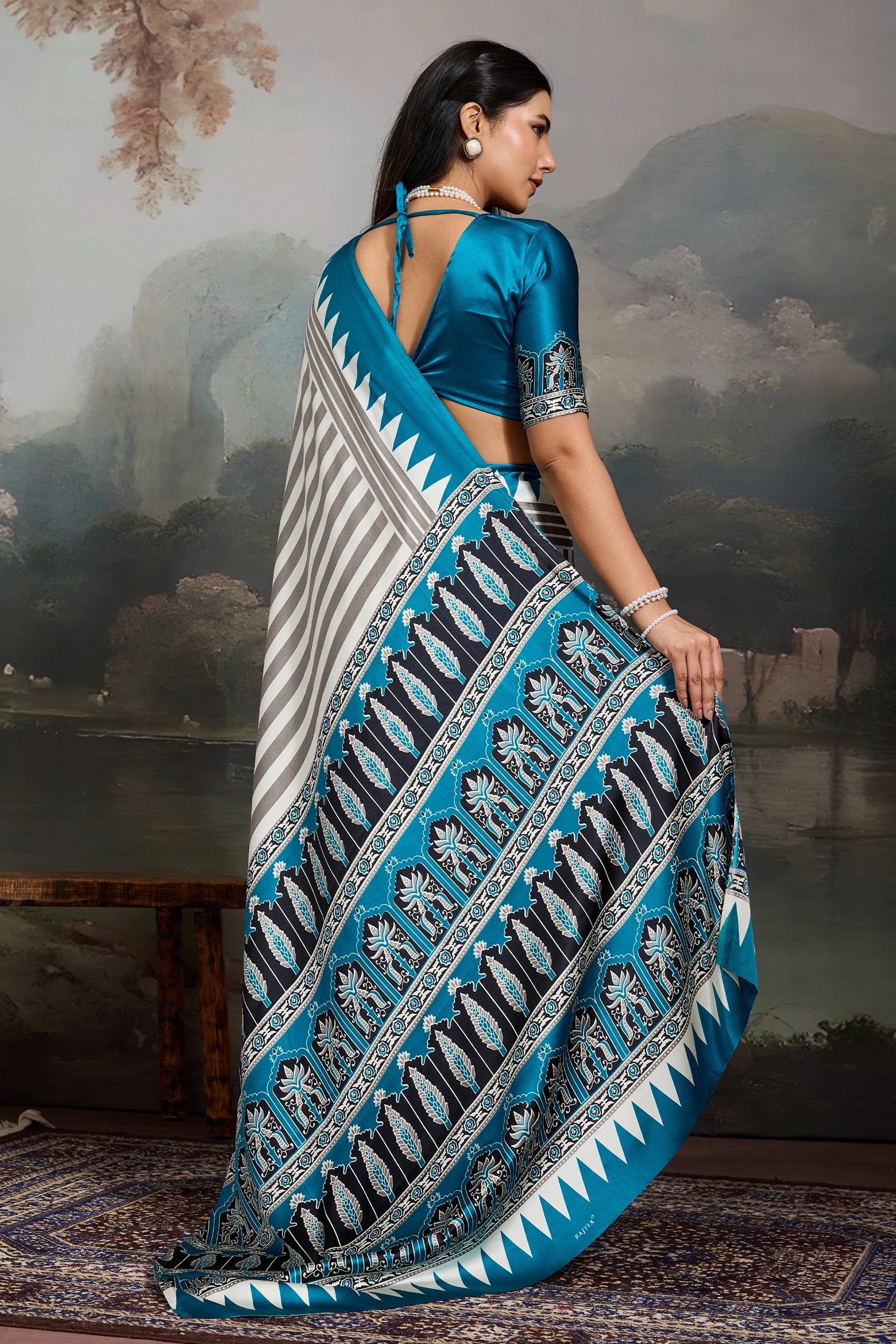 Blue Ajrakh Print Satin Saree-SAR11869_4_SareeButa.com