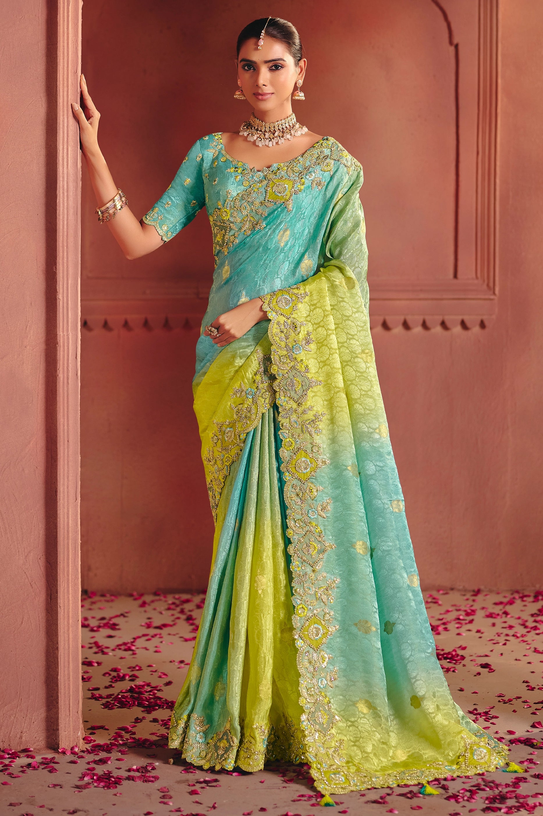 Blue And Green Embroidered Jacquard Dola Silk Saree-SAR12085_1_SareeButa.com