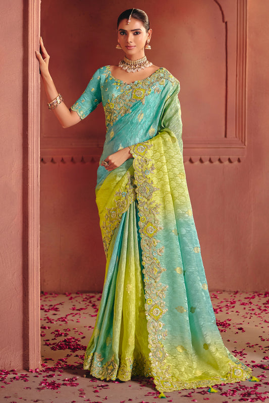 Blue And Green Embroidered Jacquard Dola Silk Saree-SAR12085_1_SareeButa.com